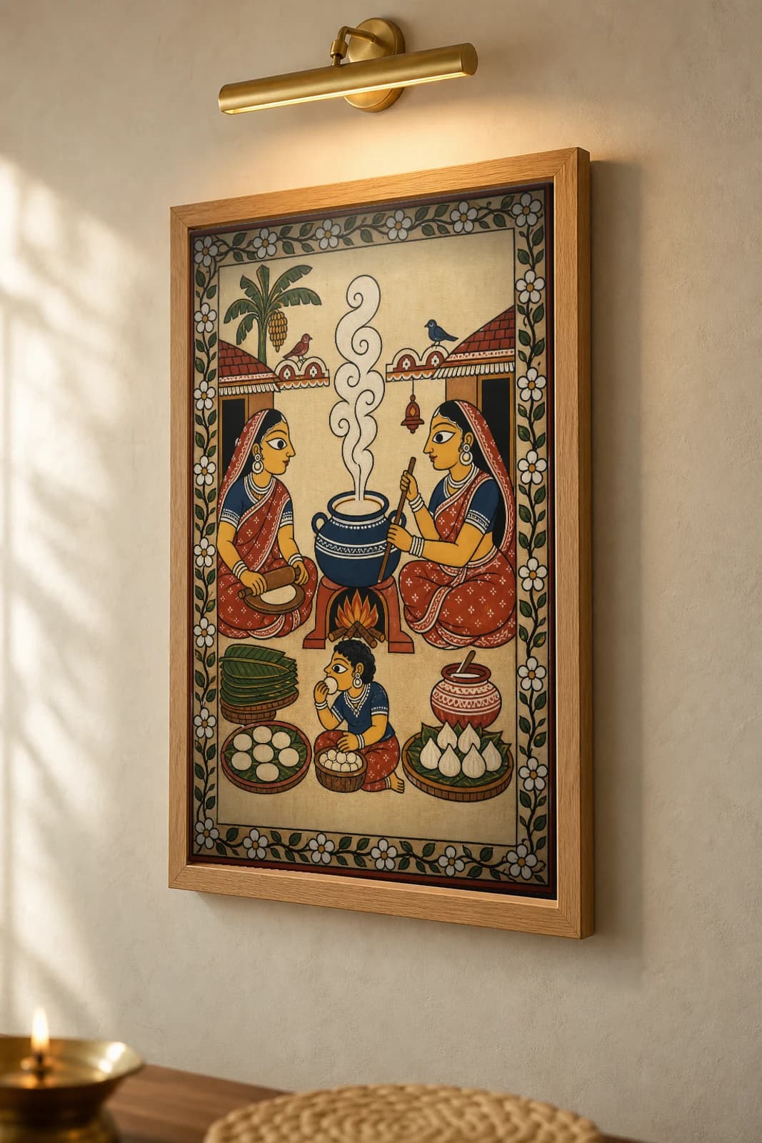 Festival Kitchen Pattachitra Print — two women cooking the bhog feast in Odisha cloth-painting grammar · collector A2 · Puri courtyard hearth — the framed print shown at a three-quarter angle on a styled gallery wall in a natural-oak frame