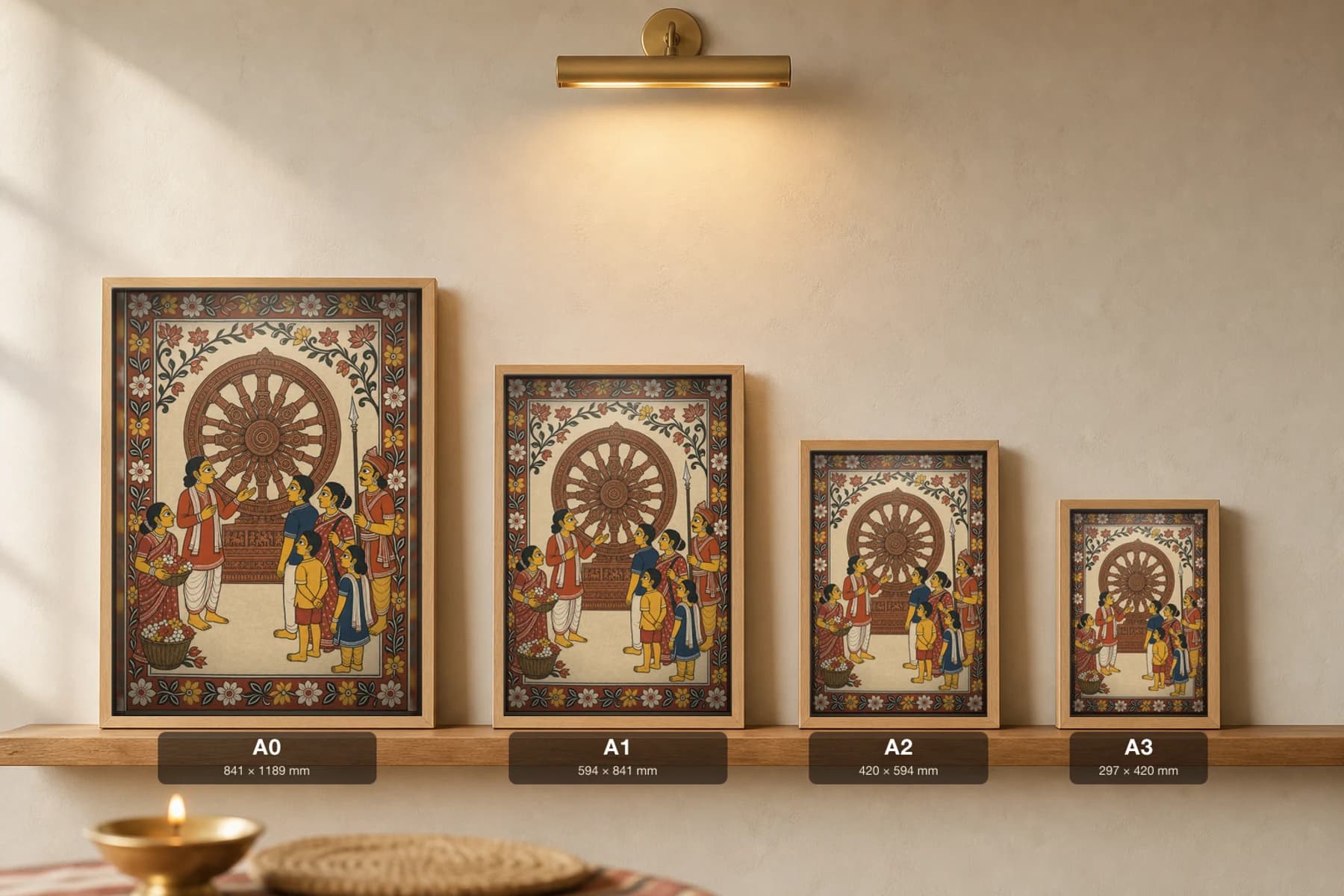 Konark Morning Pattachitra Print — visitors at the Sun-temple chariot wheel in Odisha cloth-painting grammar · collector A2 · Konark heritage scene — print size guide showing the artwork at A0, A1, A2 and A3 in natural-oak frames at true relative scale