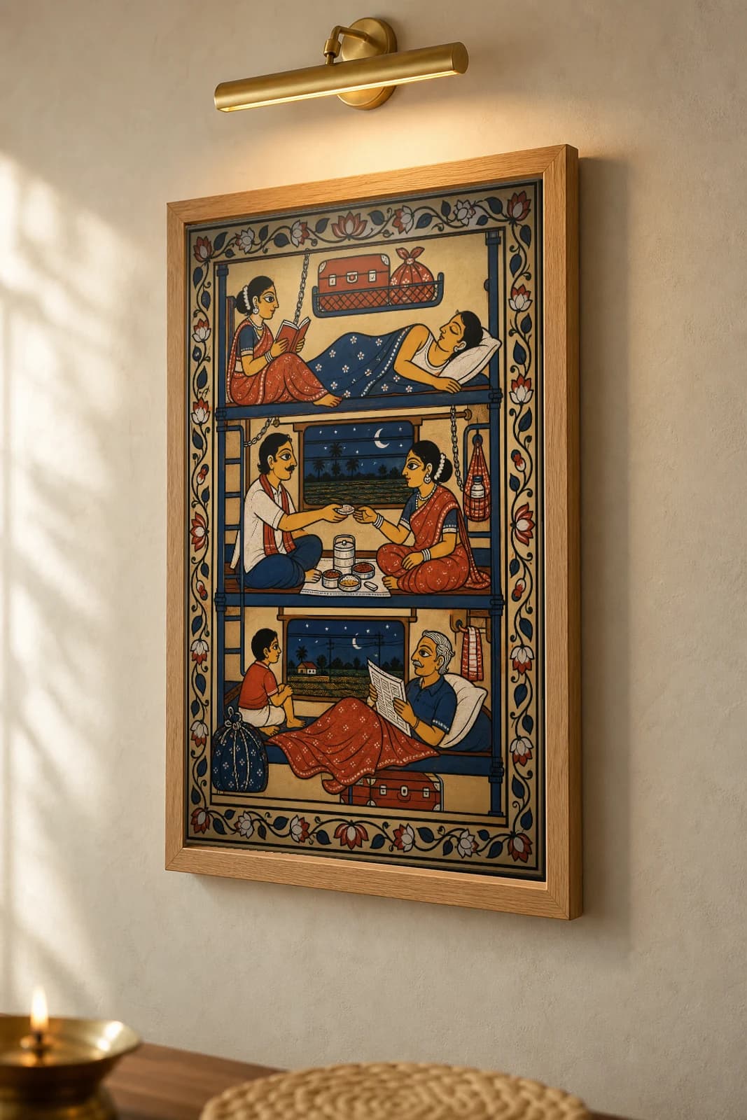 Night Train Pattachitra Print — sleeper-class coach as stacked berths in Odisha cloth-painting grammar · collector A2 · contemporary fusion — the framed print shown at a three-quarter angle on a styled gallery wall in a natural-oak frame