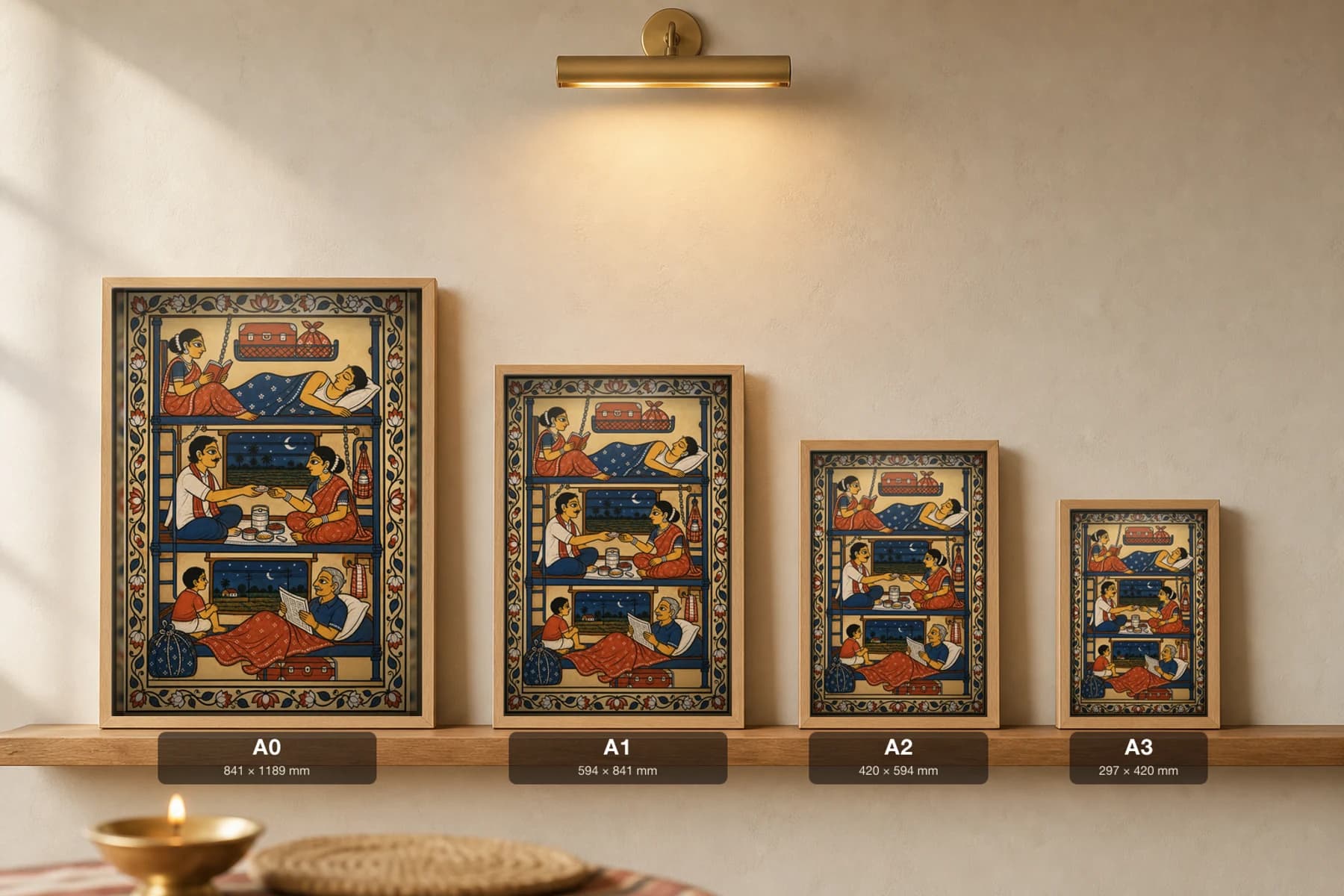 Night Train Pattachitra Print — sleeper-class coach as stacked berths in Odisha cloth-painting grammar · collector A2 · contemporary fusion — print size guide showing the artwork at A0, A1, A2 and A3 in natural-oak frames at true relative scale