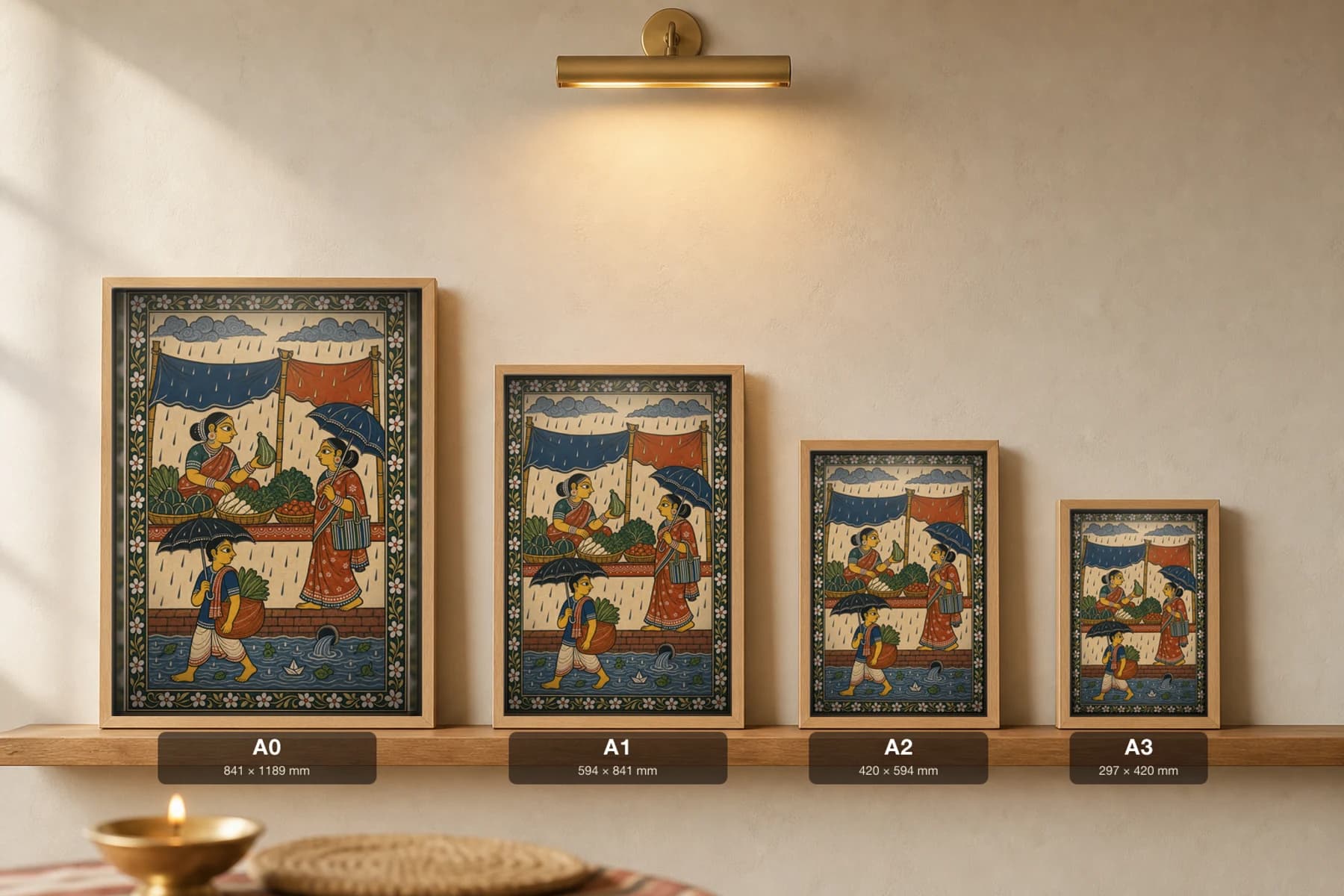 Monsoon Market Pattachitra Print — rainy-day vegetable stalls in Odisha cloth-painting grammar · collector A2 · contemporary fusion — print size guide showing the artwork at A0, A1, A2 and A3 in natural-oak frames at true relative scale
