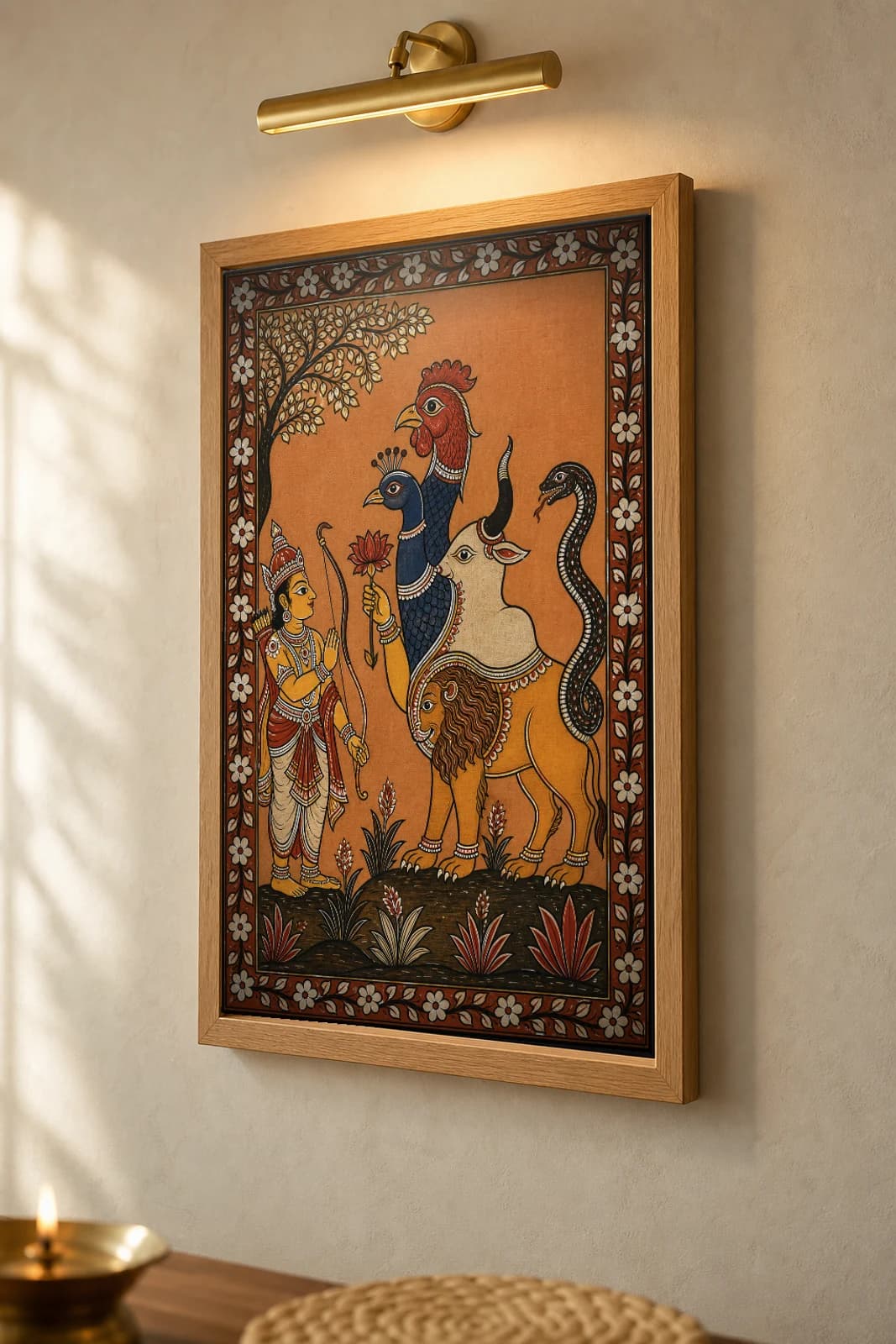 Navagunjara Pattachitra Print — the nine-part composite creature and Arjuna in Odisha cloth-painting grammar · collector A2 · Odia epic — the framed print shown at a three-quarter angle on a styled gallery wall in a natural-oak frame