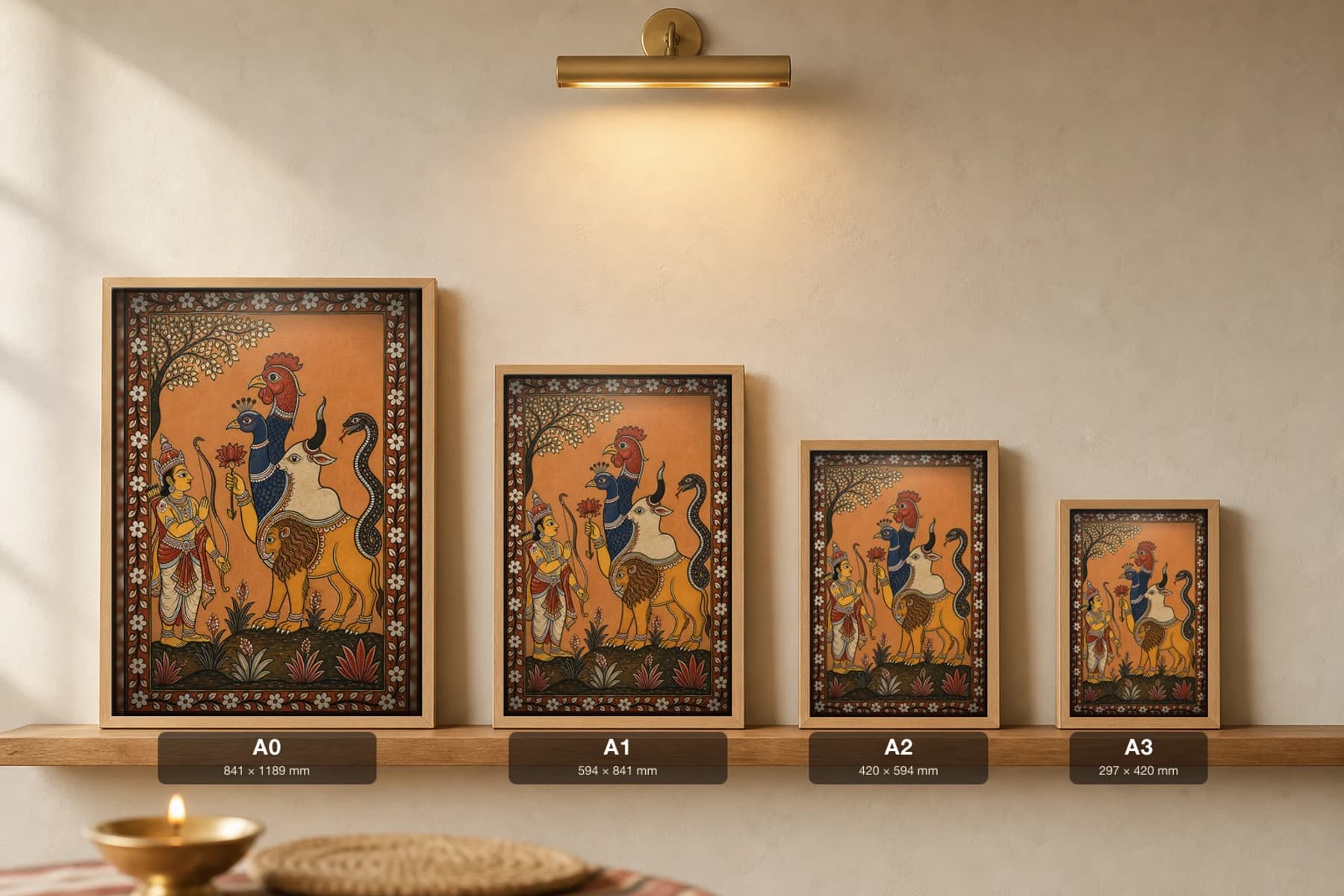 Navagunjara Pattachitra Print — the nine-part composite creature and Arjuna in Odisha cloth-painting grammar · collector A2 · Odia epic — print size guide showing the artwork at A0, A1, A2 and A3 in natural-oak frames at true relative scale