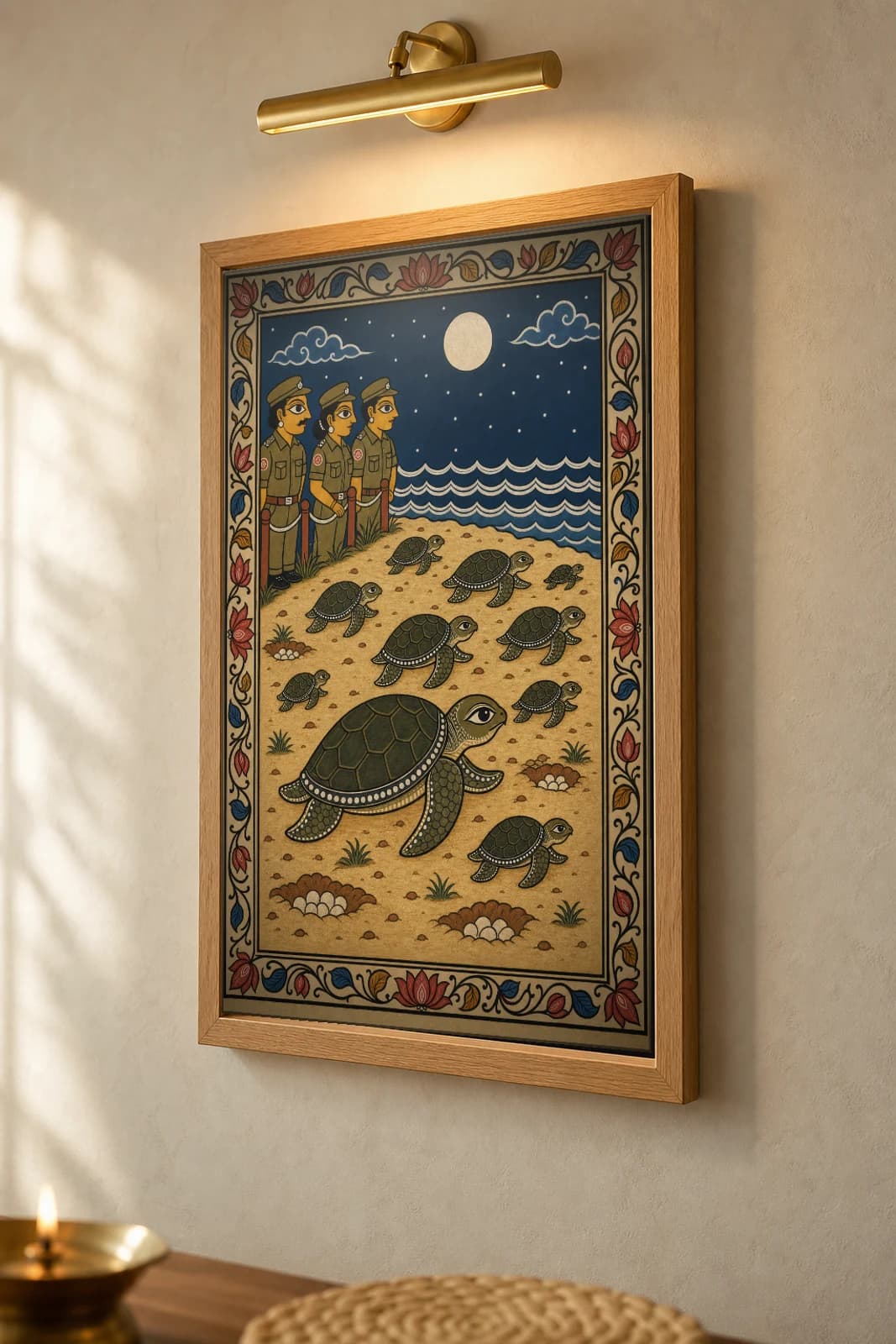 Ridley Arribada Pattachitra Print — olive ridley turtles mass-nesting under the moon in Odisha cloth-painting grammar · collector A2 · Gahirmatha coast — the framed print shown at a three-quarter angle on a styled gallery wall in a natural-oak frame