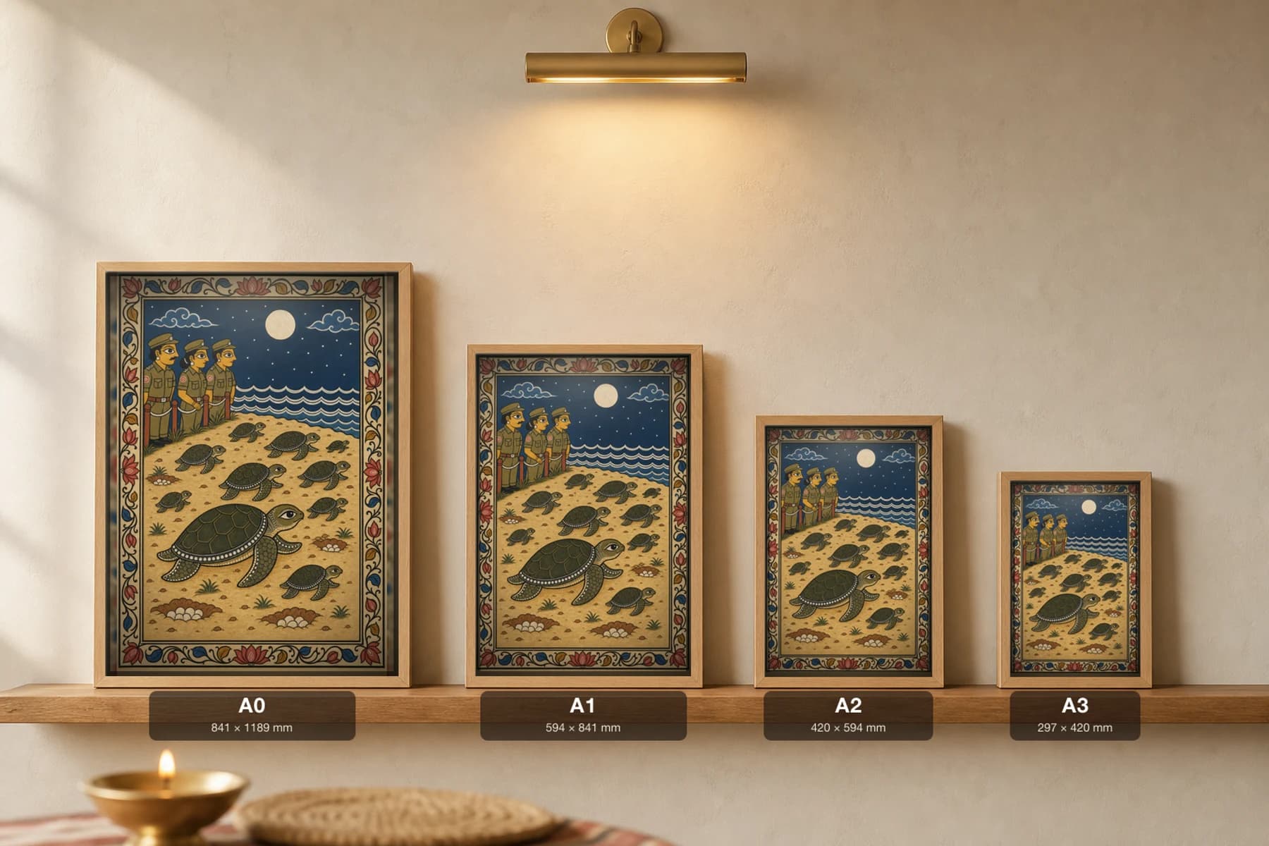 Ridley Arribada Pattachitra Print — olive ridley turtles mass-nesting under the moon in Odisha cloth-painting grammar · collector A2 · Gahirmatha coast — print size guide showing the artwork at A0, A1, A2 and A3 in natural-oak frames at true relative scale
