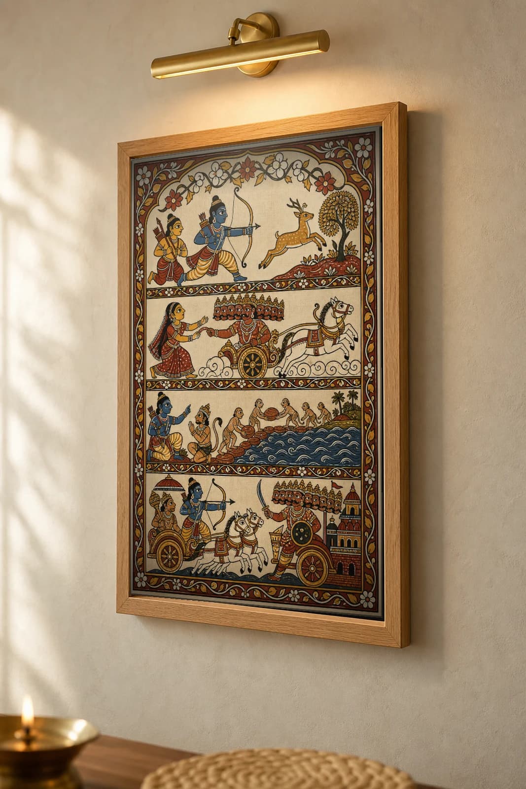 Ramayana Scroll Pattachitra Print — four epic episodes in stacked narrative bands in Odisha cloth-painting grammar · collector A2 · Ramayana — the framed print shown at a three-quarter angle on a styled gallery wall in a natural-oak frame