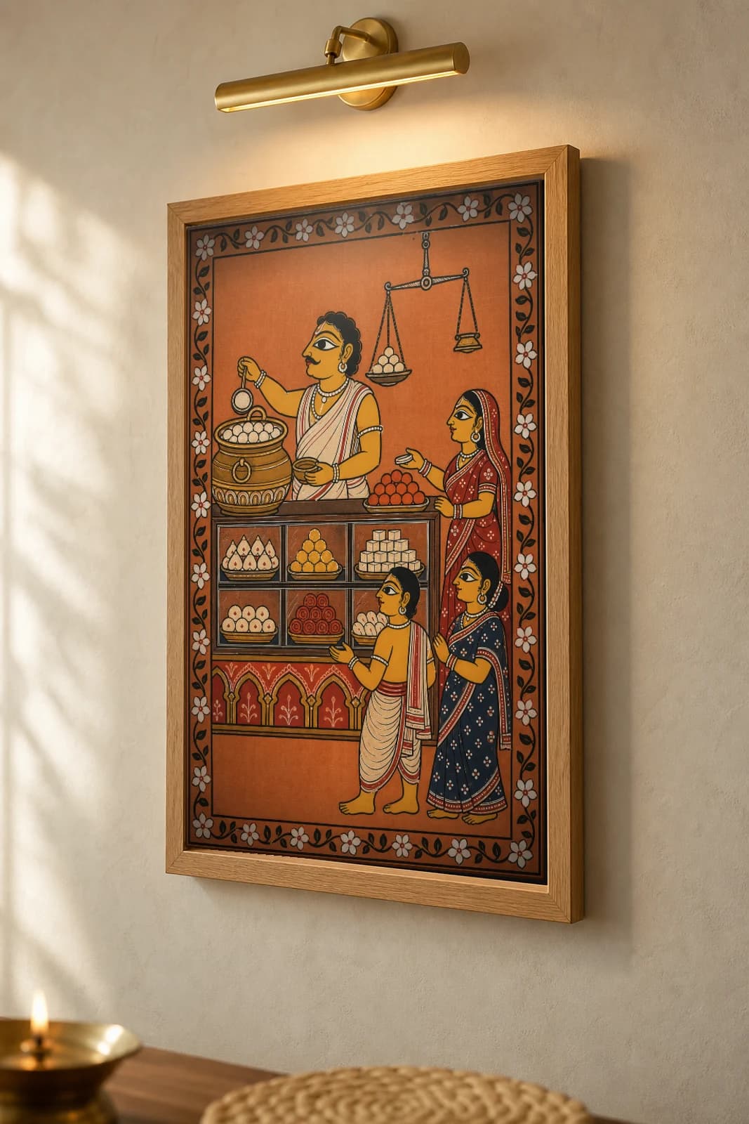 Sweet Shop Pattachitra Print — a roadside chhena mishti counter in Odisha cloth-painting grammar · collector A2 · contemporary fusion — the framed print shown at a three-quarter angle on a styled gallery wall in a natural-oak frame