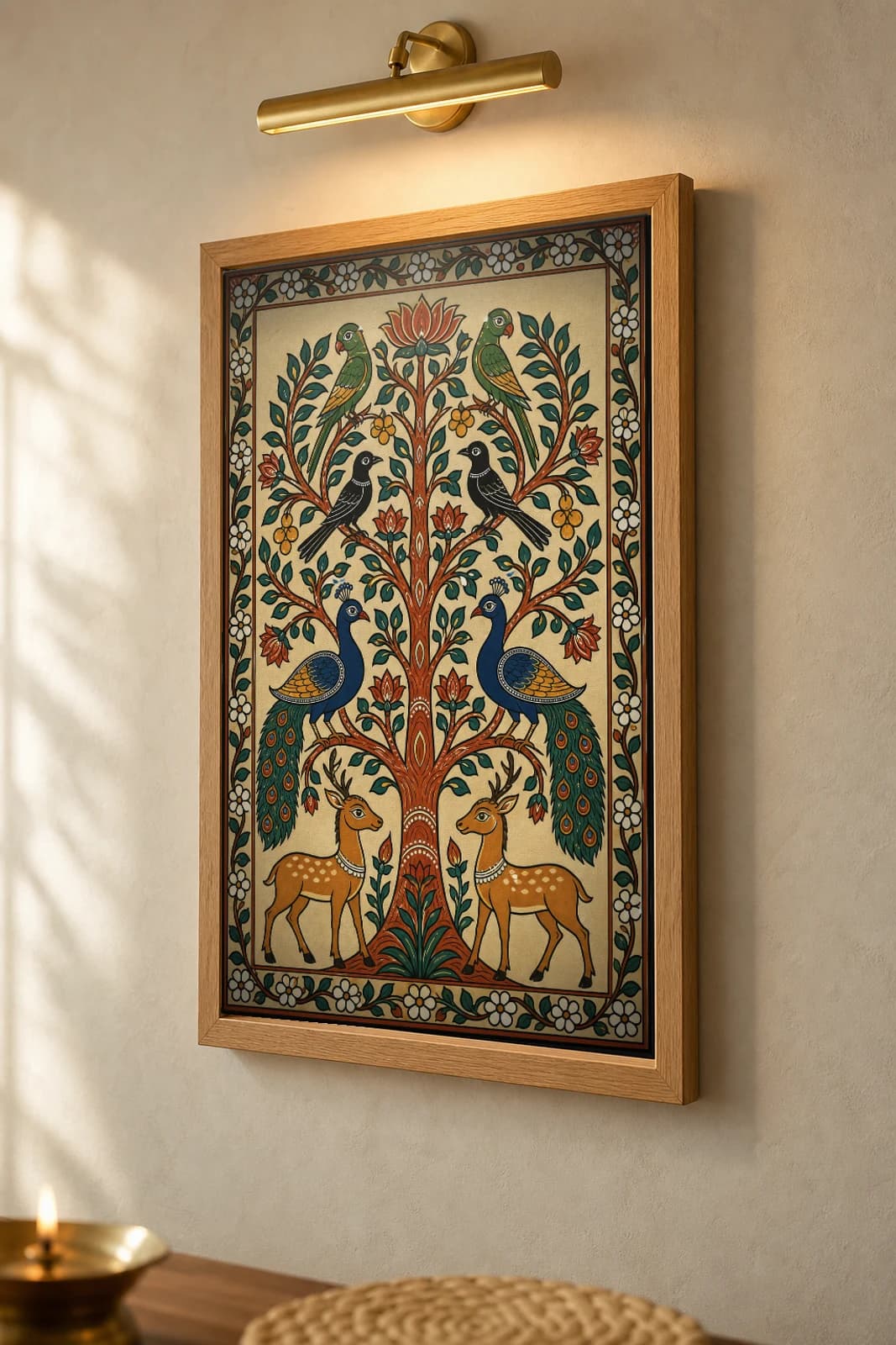 Tree of Life Pattachitra Print — the kalpataru filled with birds and deer in Odisha cloth-painting grammar · collector A2 · tree-of-life — the framed print shown at a three-quarter angle on a styled gallery wall in a natural-oak frame