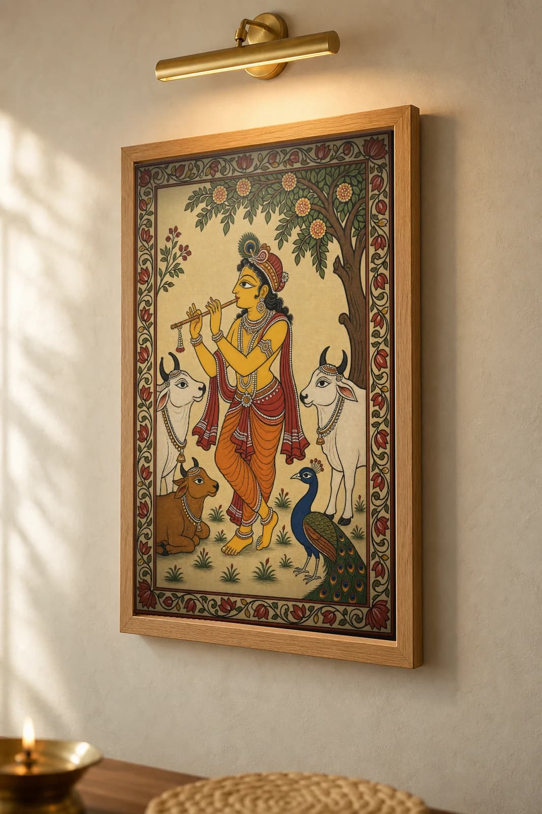 Venugopala Pattachitra Print — the cowherd Krishna piping to his cattle in Odisha cloth-painting grammar · collector A2 · Krishna leela — the framed print shown at a three-quarter angle on a styled gallery wall in a natural-oak frame
