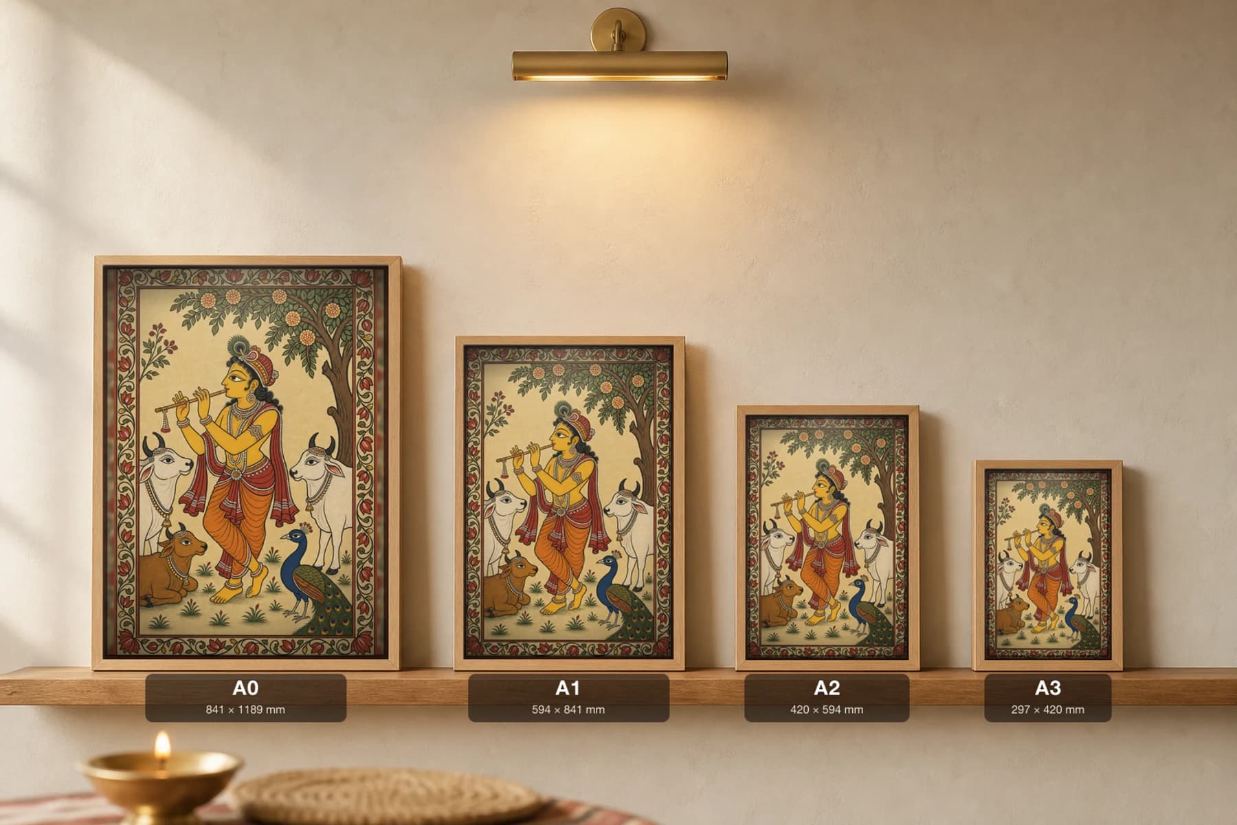 Venugopala Pattachitra Print — the cowherd Krishna piping to his cattle in Odisha cloth-painting grammar · collector A2 · Krishna leela — print size guide showing the artwork at A0, A1, A2 and A3 in natural-oak frames at true relative scale