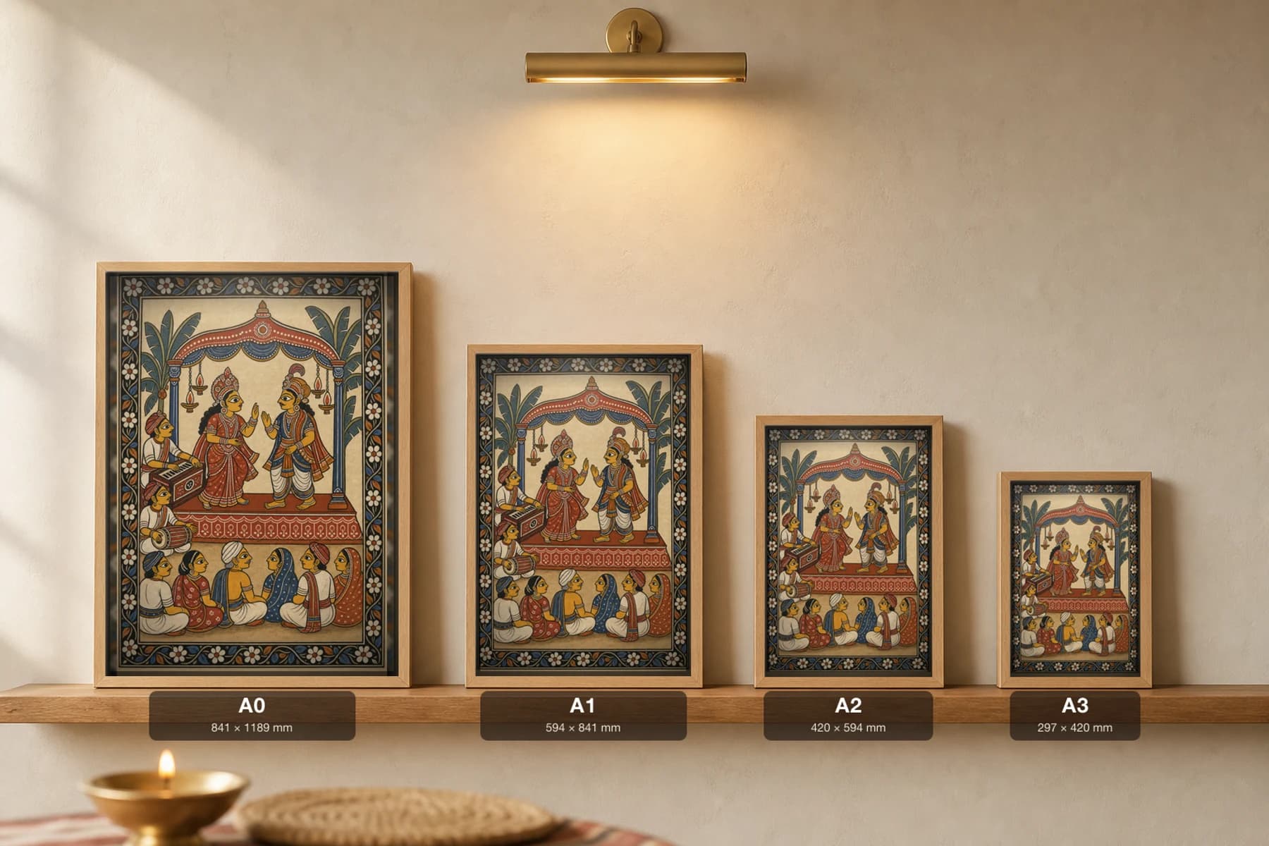 Jatra Night Pattachitra Print — an open-air village folk-theatre stage in Odisha cloth-painting grammar · collector A2 · contemporary fusion — print size guide showing the artwork at A0, A1, A2 and A3 in natural-oak frames at true relative scale