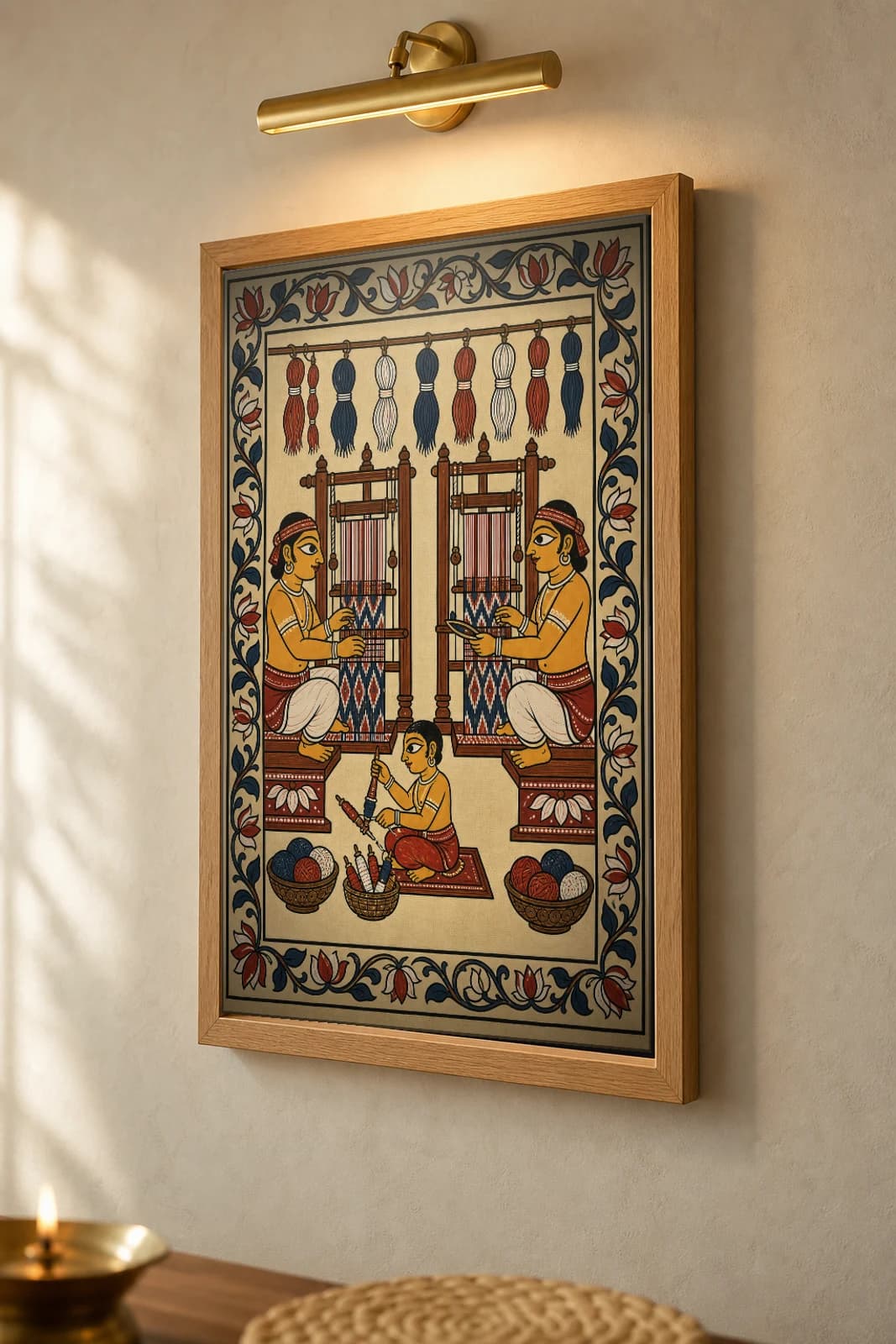 Ikat Loom Pattachitra Print — Sambalpuri bandha ikat weavers at facing pit-looms in Odisha cloth-painting grammar · collector A2 · contemporary fusion — the framed print shown at a three-quarter angle on a styled gallery wall in a natural-oak frame