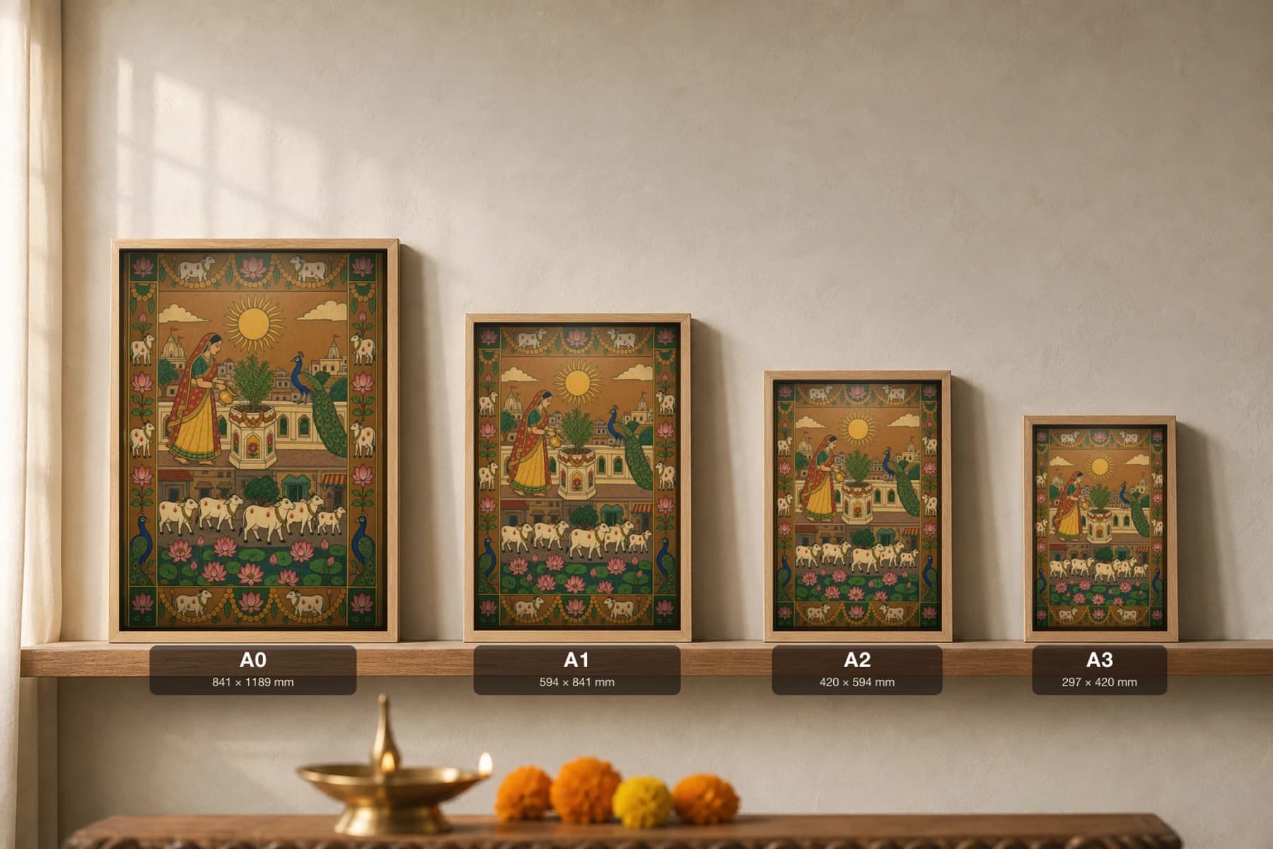 Tulsi Balcony Pichwai-Style Print — a woman watering a tulsi plant on a city terrace under a rising sun, with a peacock and cows in a lotus pond below, on warm ochre cloth — print size guide showing the artwork at A0, A1, A2 and A3 in natural-oak frames at true relative scale