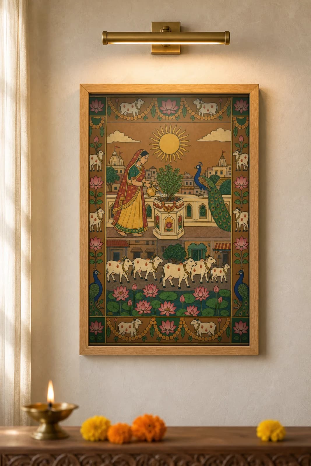 Tulsi Balcony Morning — framed museum print, Pichwai