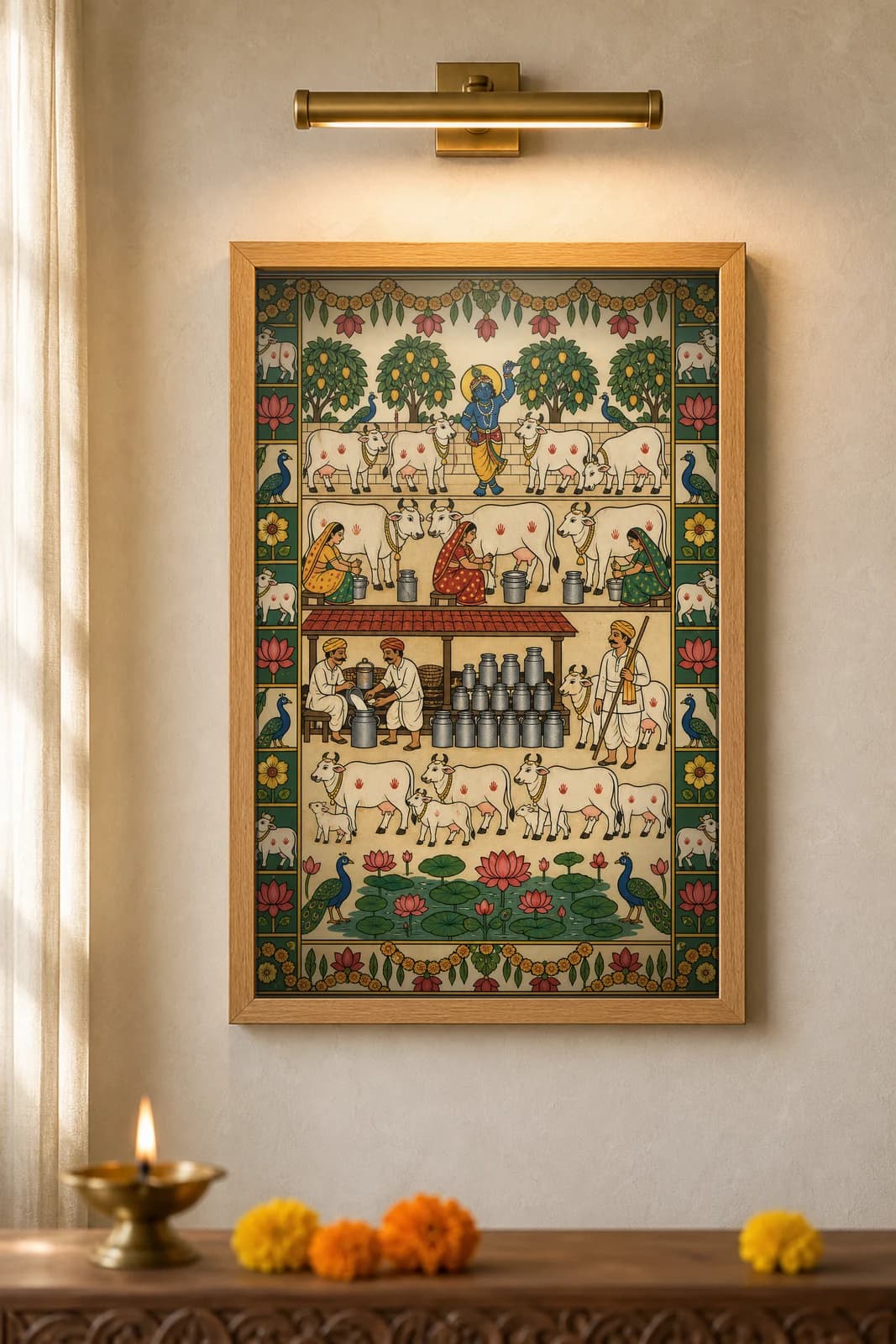 Bhor Ki Dairy — framed museum print, Pichwai