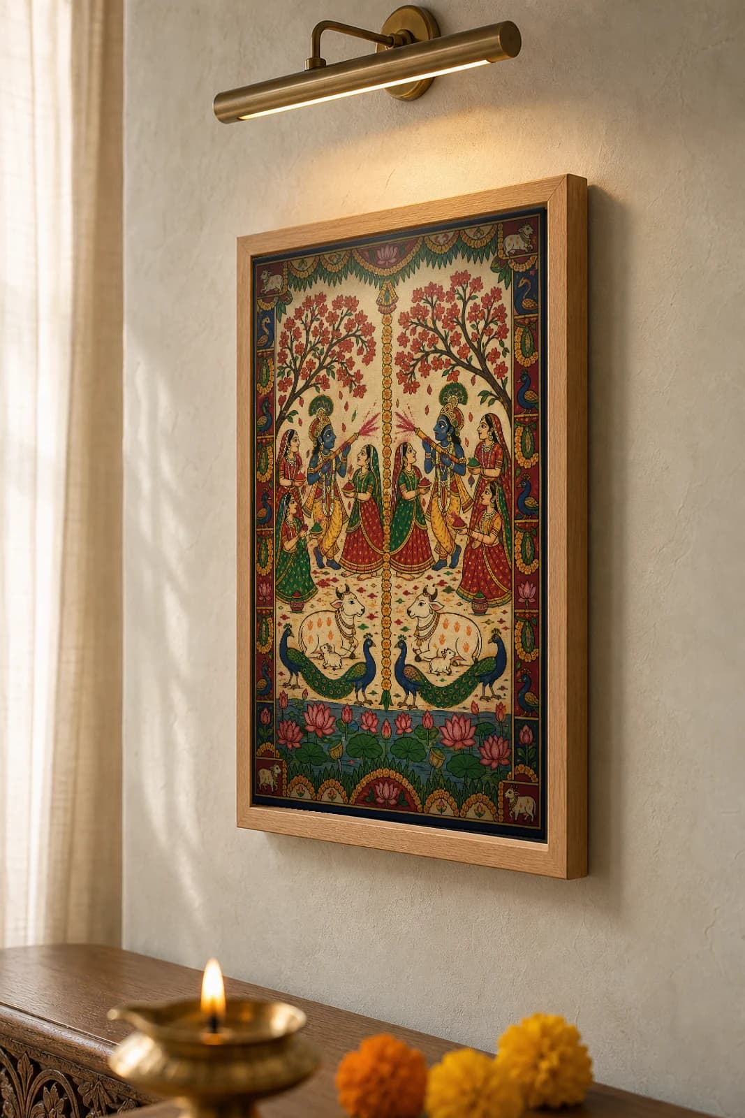 Phag Holi Pichwai-Style Print — Krishna and gopis playing colour beneath great red-flowering trees, with cows and a lotus pond, mirrored on warm cream cloth — the framed print shown at a three-quarter angle on a styled gallery wall in a natural-oak frame