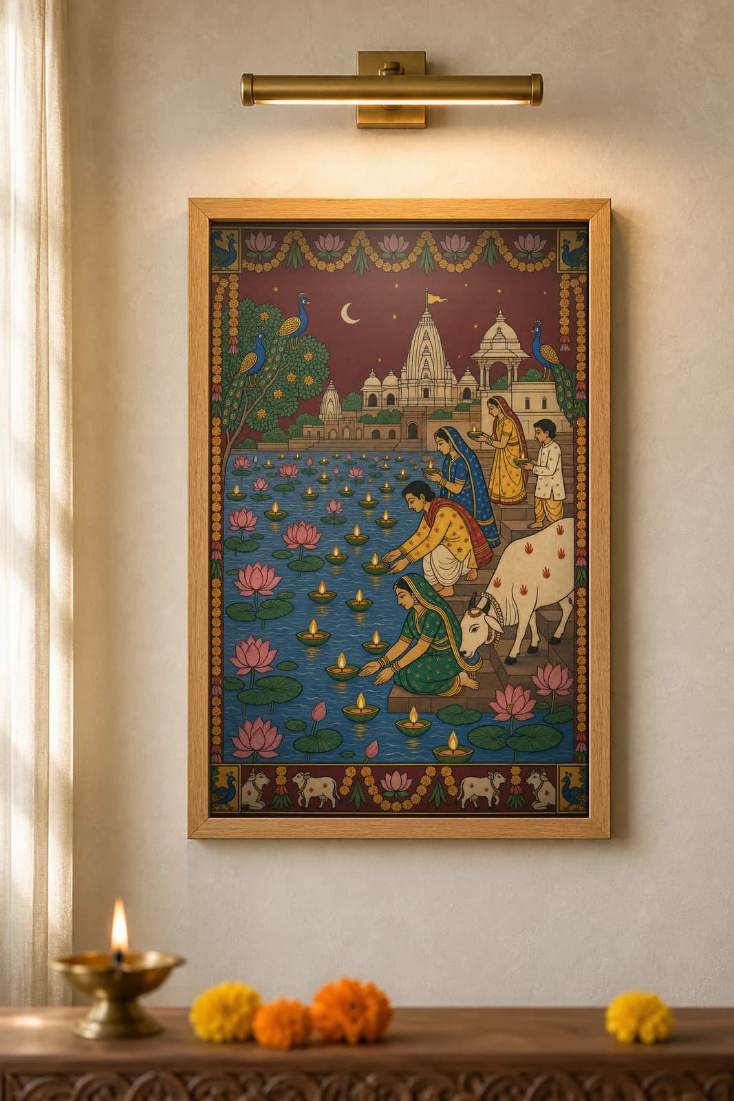 Deep-Daan River Diyas — framed museum print, Pichwai