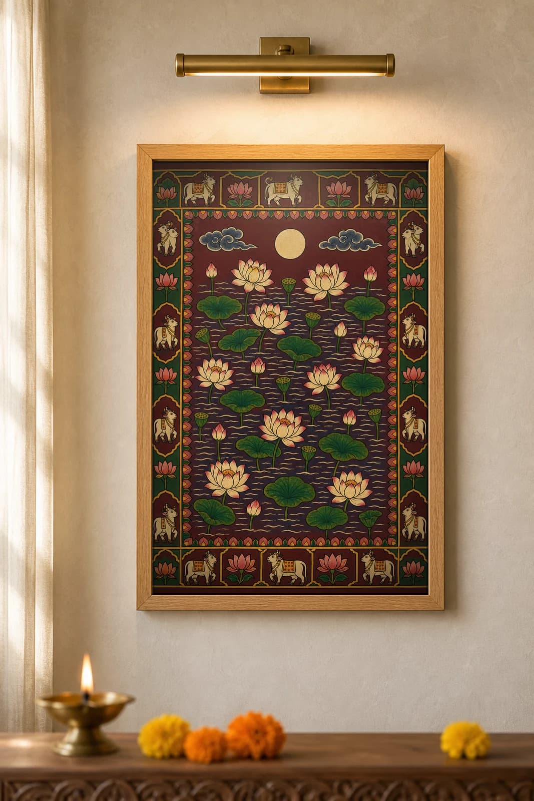 Rajni Kamal Night Lotus — framed museum print, Pichwai
