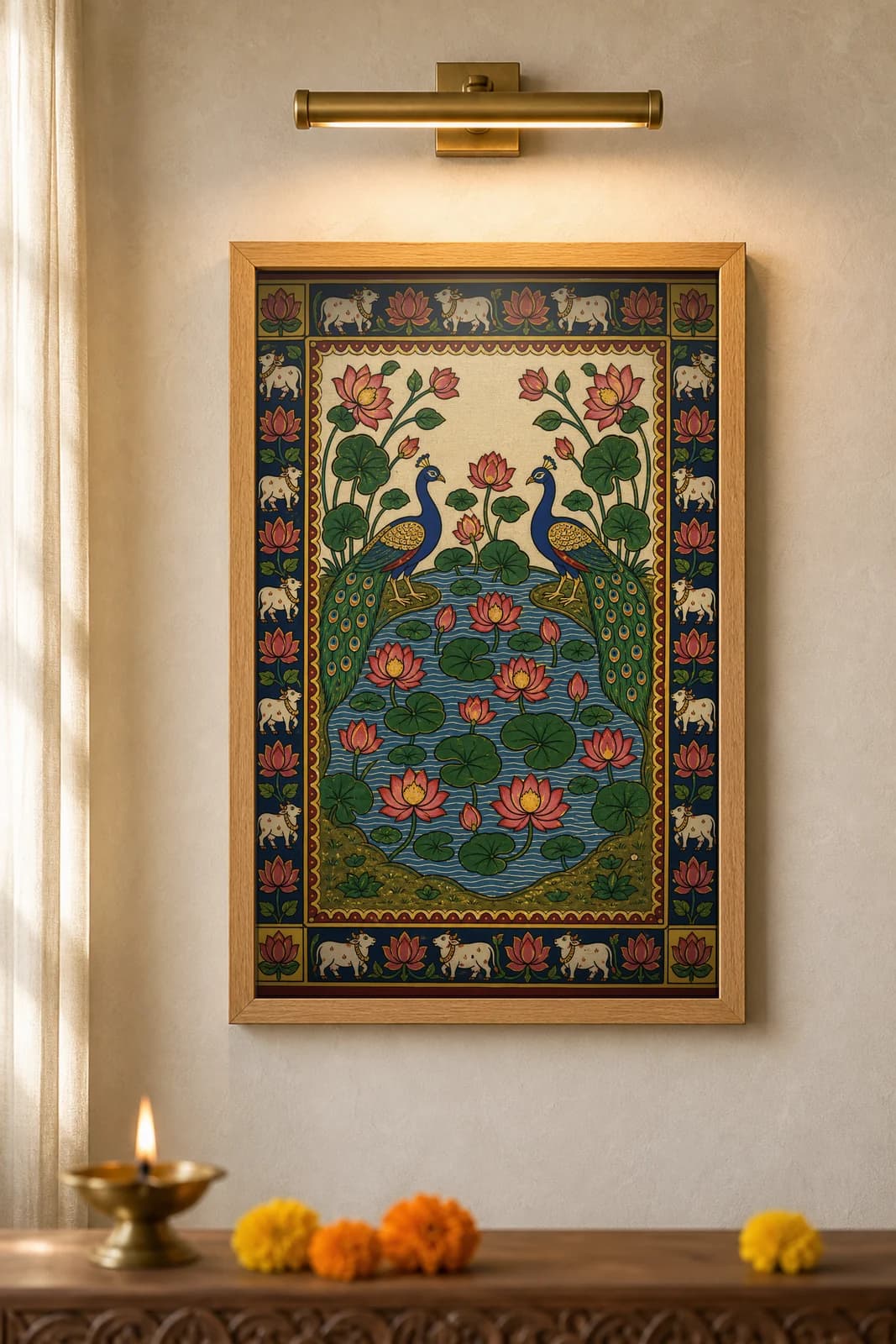 Kamal-Mayur Lotus Pond — framed museum print, Pichwai