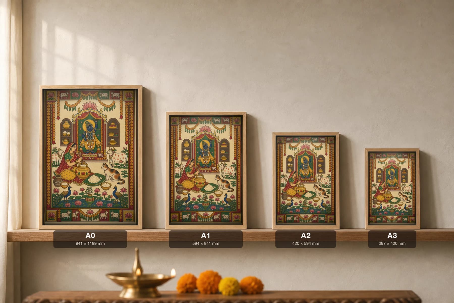 Makhan Bhog Pichwai-Style Print — Butter Offering at the Home Shrine · collector A2 · contemporary × Nathdwara Pichwai fusion — print size guide showing the artwork at A0, A1, A2 and A3 in natural-oak frames at true relative scale