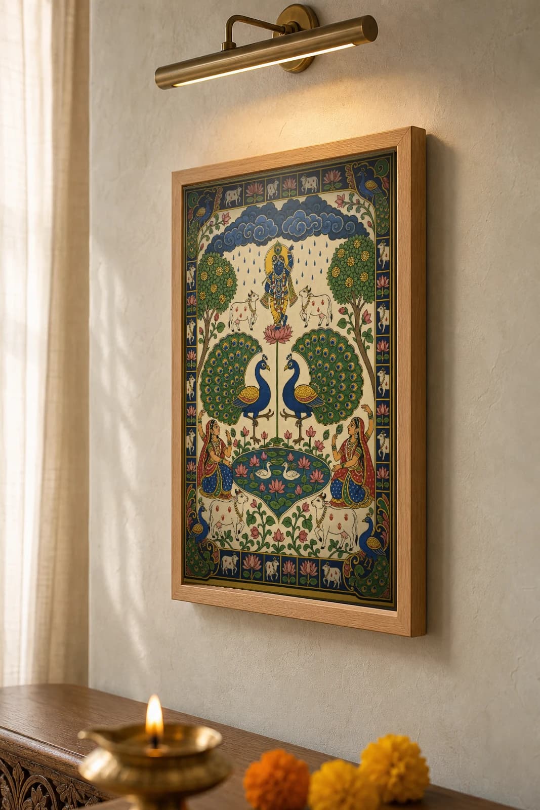 Mayur Nritya Pichwai-Style Print — Peacocks Dancing in the Rain Under Krishna · collector A2 · Nathdwara, Rajasthan cloth-painting tradition — the framed print shown at a three-quarter angle on a styled gallery wall in a natural-oak frame