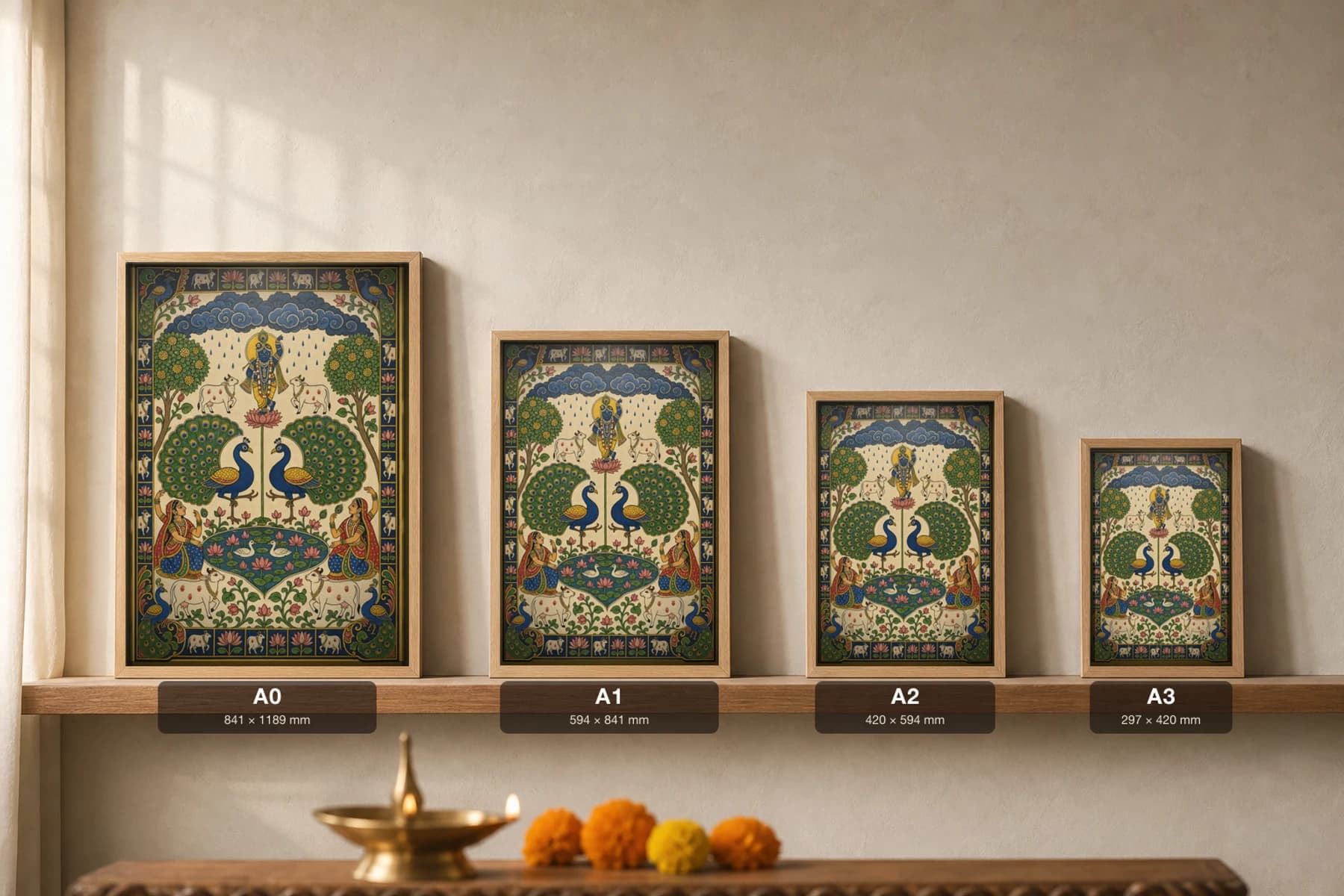 Mayur Nritya Pichwai-Style Print — Peacocks Dancing in the Rain Under Krishna · collector A2 · Nathdwara, Rajasthan cloth-painting tradition — print size guide showing the artwork at A0, A1, A2 and A3 in natural-oak frames at true relative scale