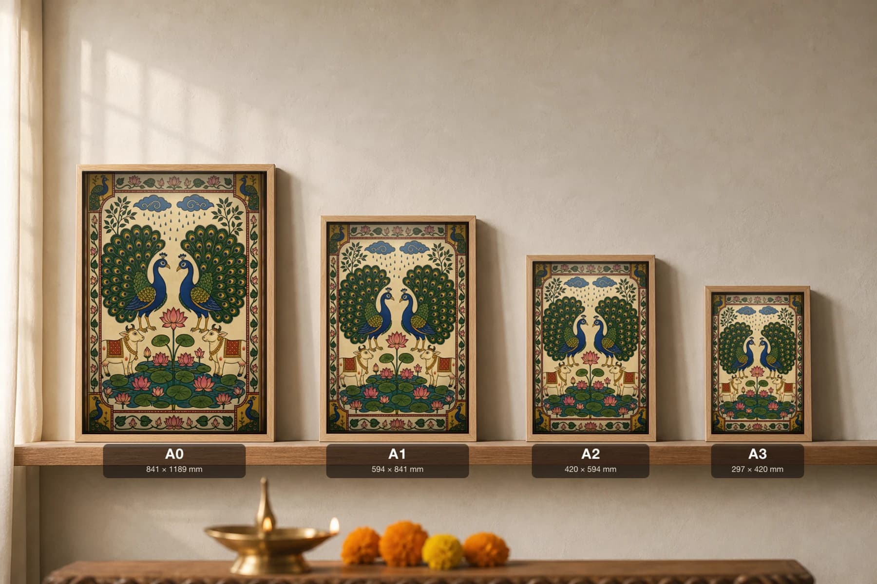 Mayur Jodi Pichwai-Style Print — Facing Peacock Pair Over a Lotus Tank · collector A2 · Nathdwara, Rajasthan cloth-painting tradition — print size guide showing the artwork at A0, A1, A2 and A3 in natural-oak frames at true relative scale