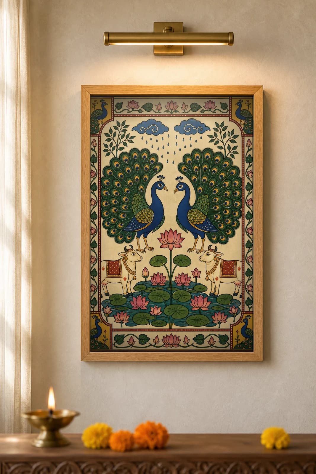 Mayur Jodi Peacock Pair — framed museum print, Pichwai