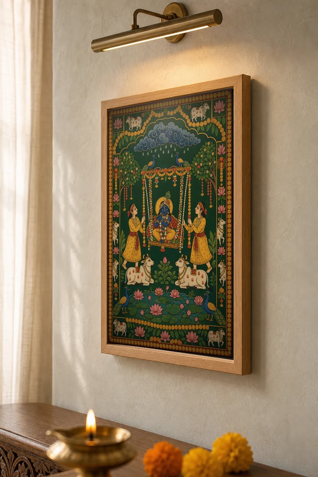 Hindola Utsav Pichwai-Style Print — Krishna on the Monsoon Swing · collector A2 · contemporary × Nathdwara Pichwai fusion — the framed print shown at a three-quarter angle on a styled gallery wall in a natural-oak frame