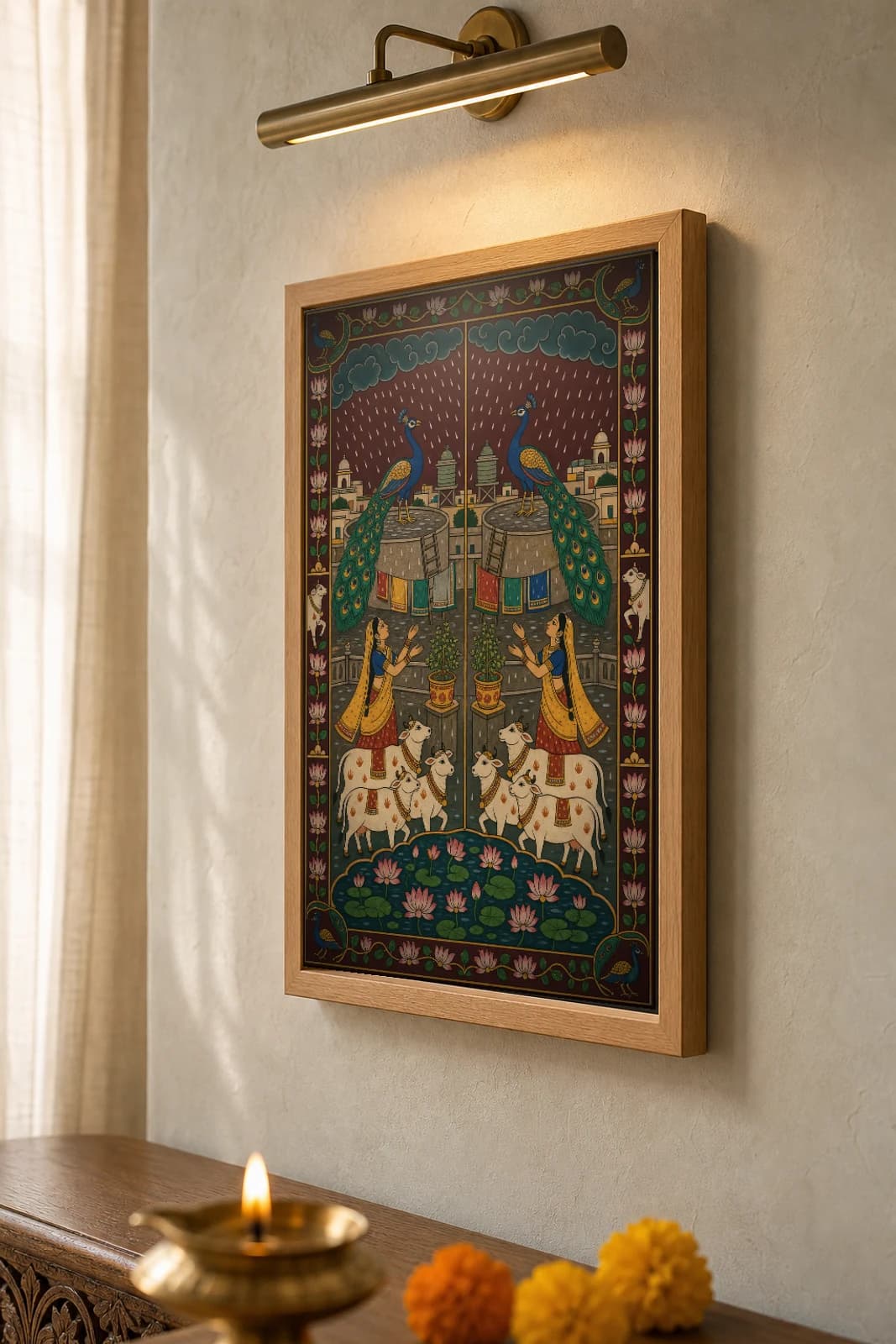 Chhat Pe Mor Pichwai-Style Print — Rooftop Peacocks in the First Rain · collector A2 · contemporary × Nathdwara Pichwai fusion — the framed print shown at a three-quarter angle on a styled gallery wall in a natural-oak frame