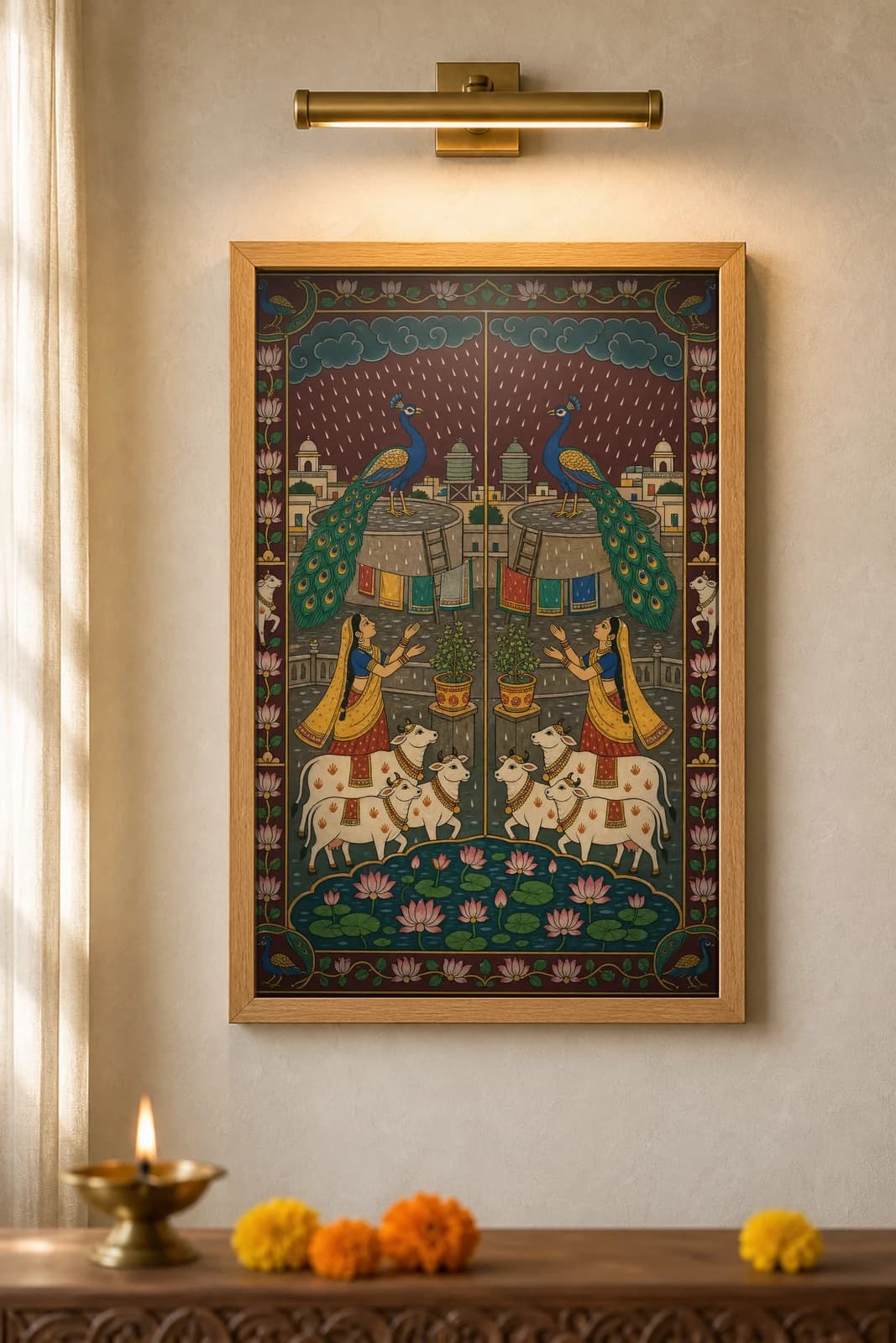 Chhat Pe Mor Terrace Peacocks — framed museum print, Pichwai