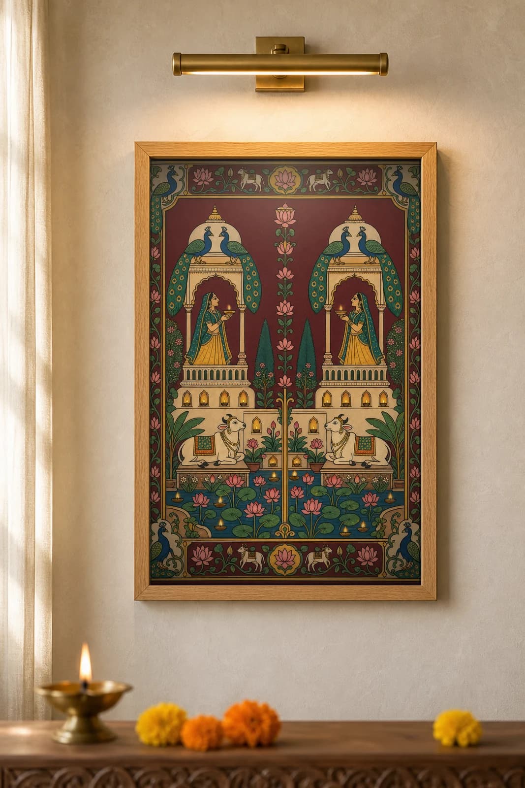 Mor-Kuti Dusk Courtyard — framed museum print, Pichwai