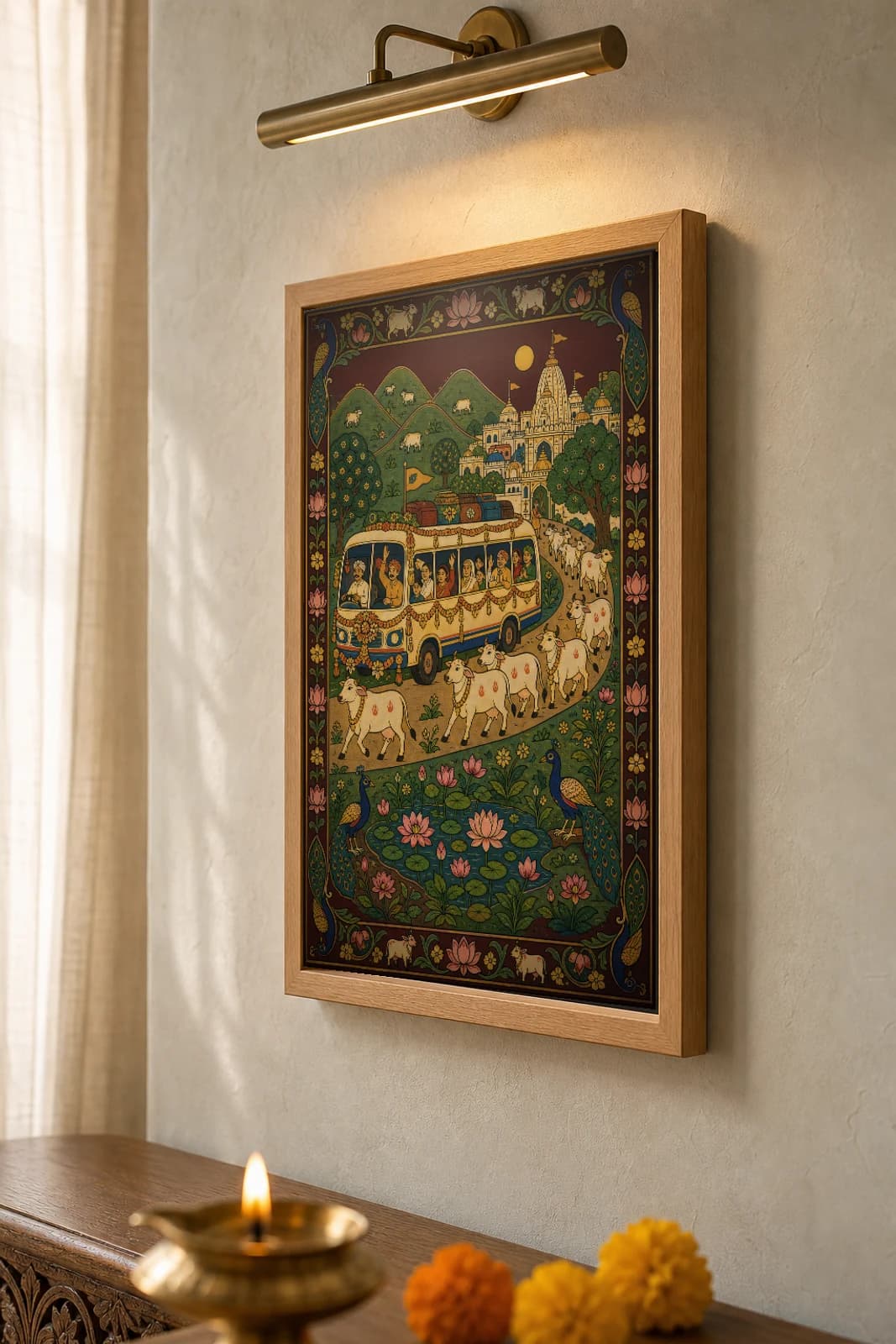 Darshan Yatra Pichwai-Style Print — Festooned Pilgrim Bus to the Temple Town · collector A2 · contemporary × Nathdwara Pichwai fusion — the framed print shown at a three-quarter angle on a styled gallery wall in a natural-oak frame