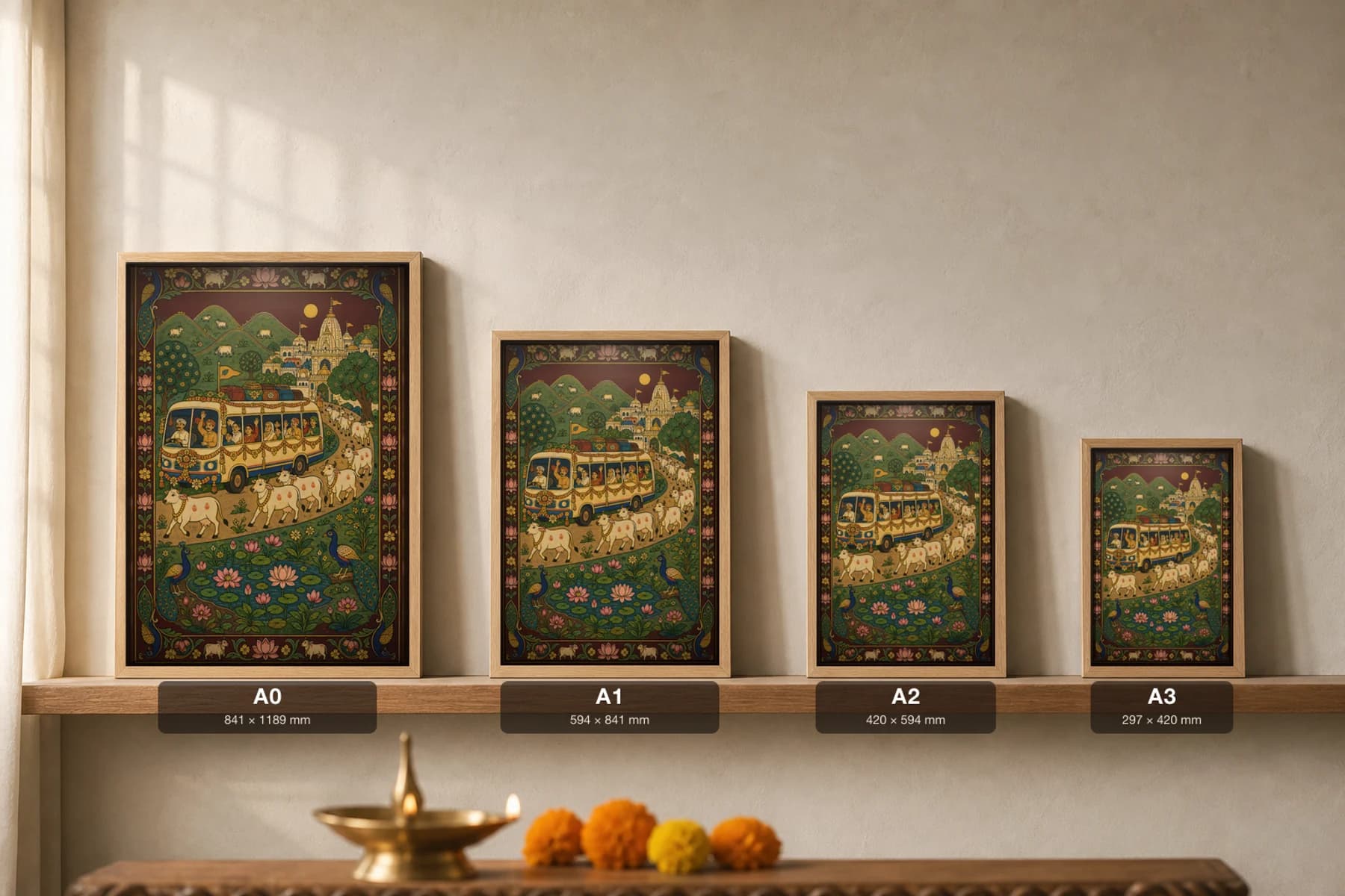 Darshan Yatra Pichwai-Style Print — Festooned Pilgrim Bus to the Temple Town · collector A2 · contemporary × Nathdwara Pichwai fusion — print size guide showing the artwork at A0, A1, A2 and A3 in natural-oak frames at true relative scale
