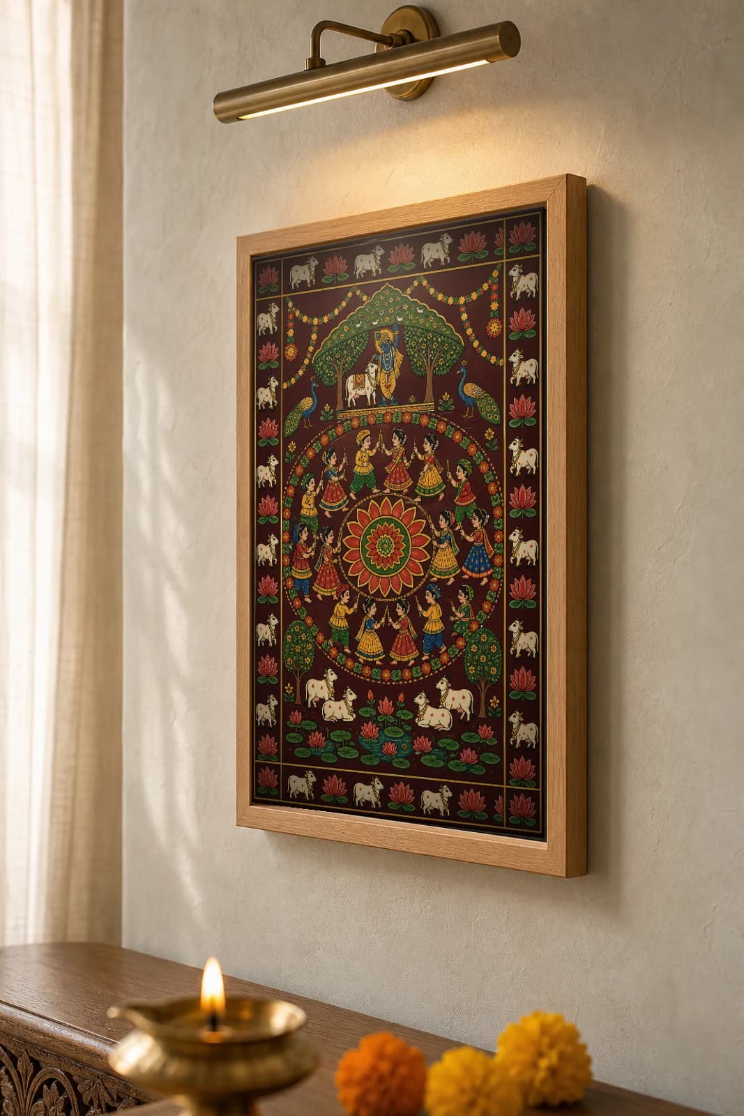 Annual-Day Raas Pichwai-Style Print — Children's Krishna-Leela Dance on Stage · collector A2 · contemporary × Nathdwara Pichwai fusion — the framed print shown at a three-quarter angle on a styled gallery wall in a natural-oak frame