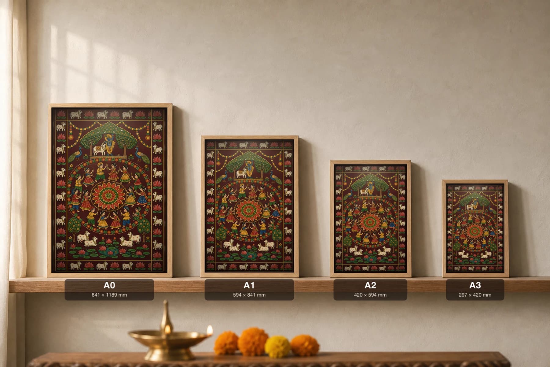 Annual-Day Raas Pichwai-Style Print — Children's Krishna-Leela Dance on Stage · collector A2 · contemporary × Nathdwara Pichwai fusion — print size guide showing the artwork at A0, A1, A2 and A3 in natural-oak frames at true relative scale