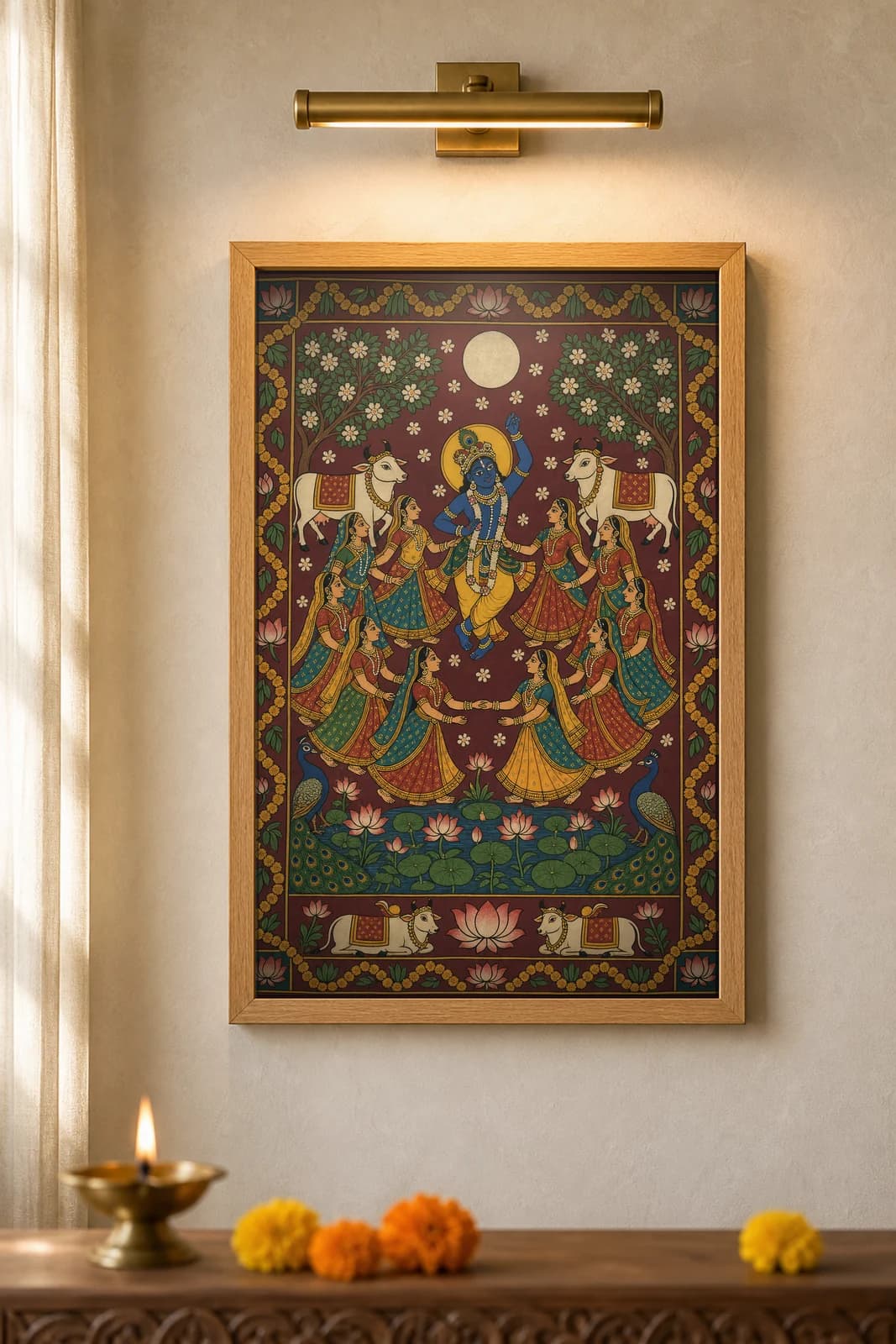 Sharad Purnima Raas Moon — framed museum print, Pichwai