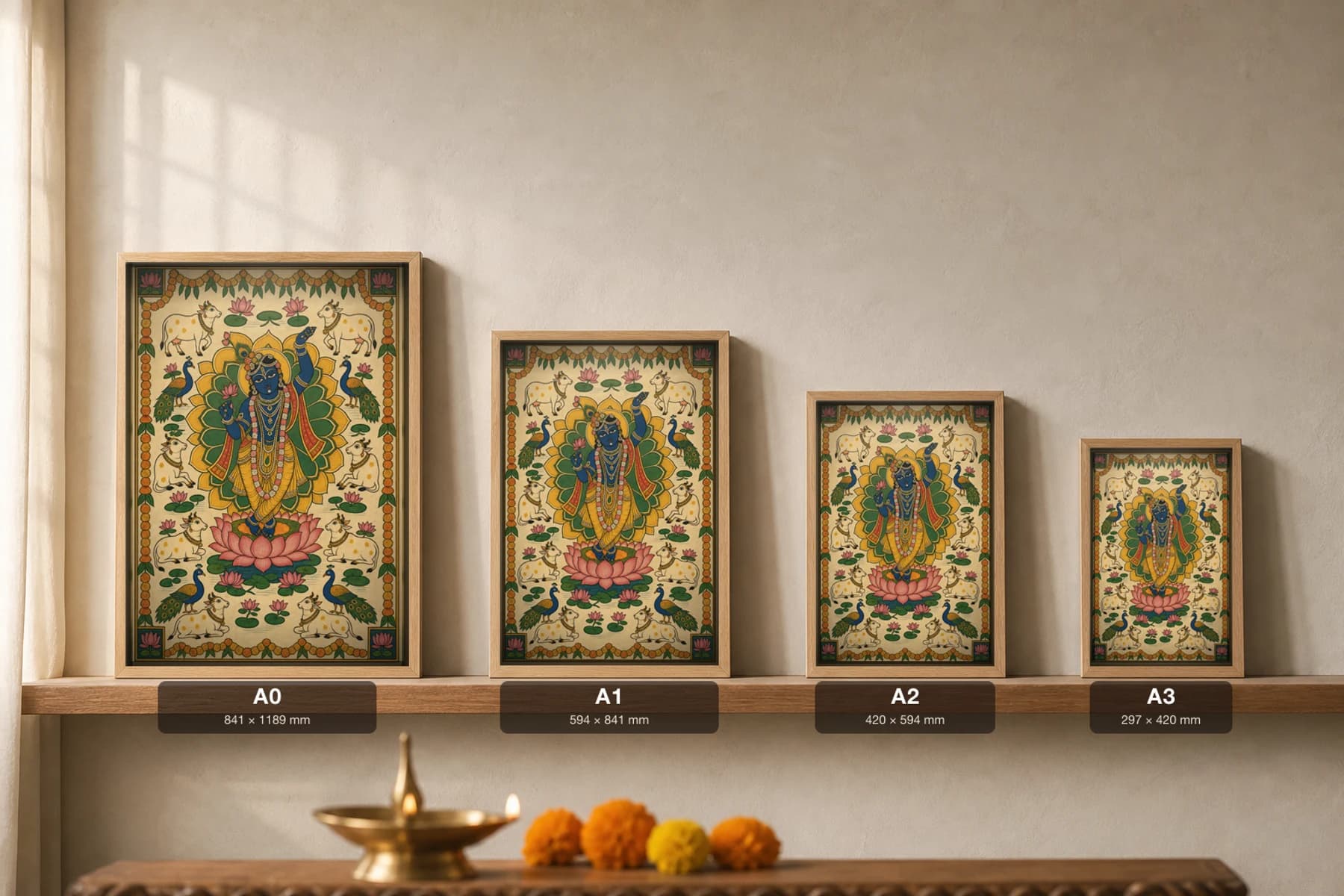 Kamal-Peeth Pichwai-Style Print — Krishna Rising from a Great Lotus Mandala · collector A2 · Nathdwara, Rajasthan cloth-painting tradition — print size guide showing the artwork at A0, A1, A2 and A3 in natural-oak frames at true relative scale