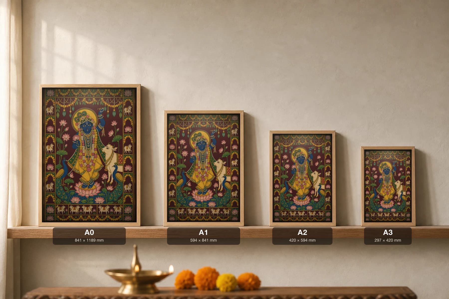 Shringar Darshan Pichwai-Style Print — Shrinathji Dressed for Seasonal Shringar · collector A2 · Nathdwara, Rajasthan cloth-painting tradition — print size guide showing the artwork at A0, A1, A2 and A3 in natural-oak frames at true relative scale