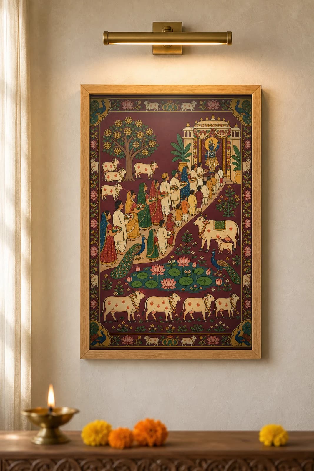 Darshan Queue Line — framed museum print, Pichwai