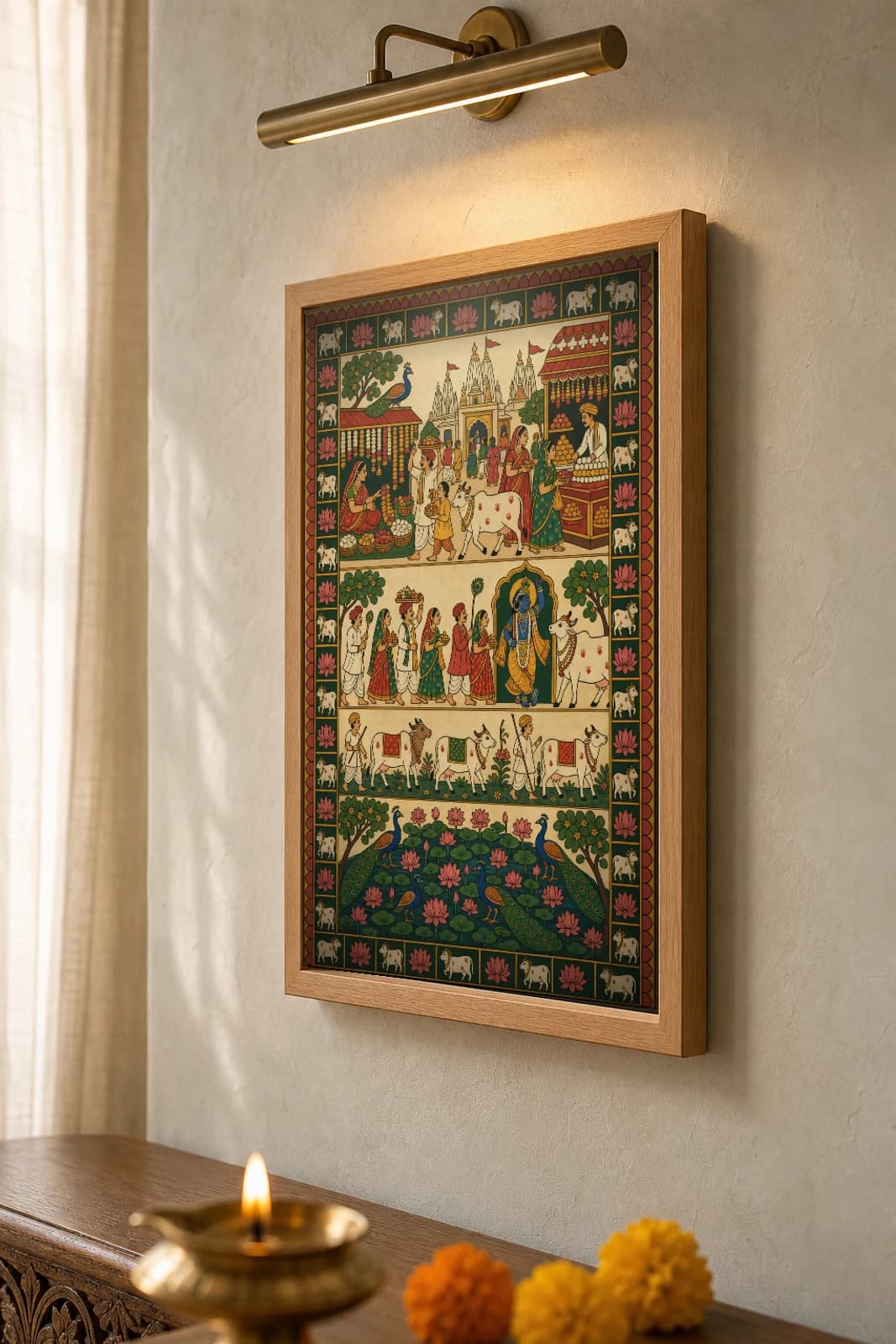 Nathdwara Bazaar Pichwai-Style Print — Festival-Day Temple-Town Market Lane · collector A2 · contemporary × Nathdwara Pichwai fusion — the framed print shown at a three-quarter angle on a styled gallery wall in a natural-oak frame