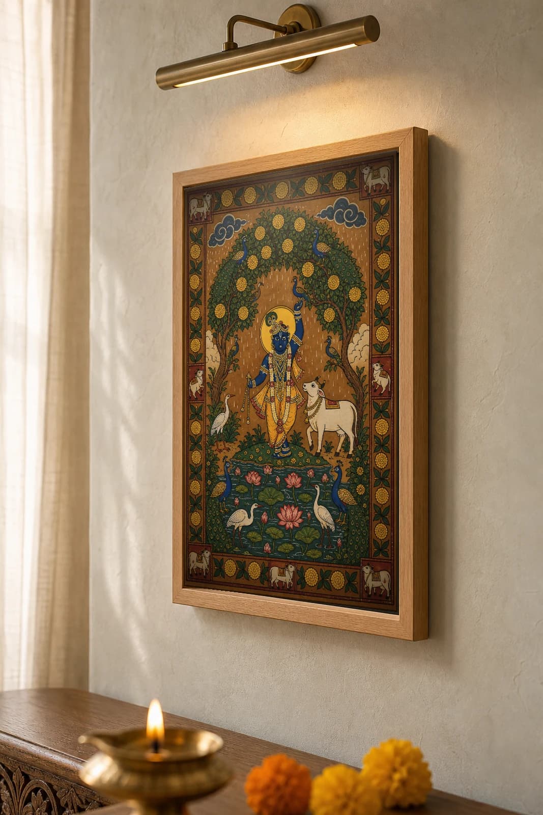 Varsha Ritu Pichwai-Style Print — Krishna in the Rain-Fed Monsoon Grove · collector A2 · Nathdwara, Rajasthan cloth-painting tradition — the framed print shown at a three-quarter angle on a styled gallery wall in a natural-oak frame