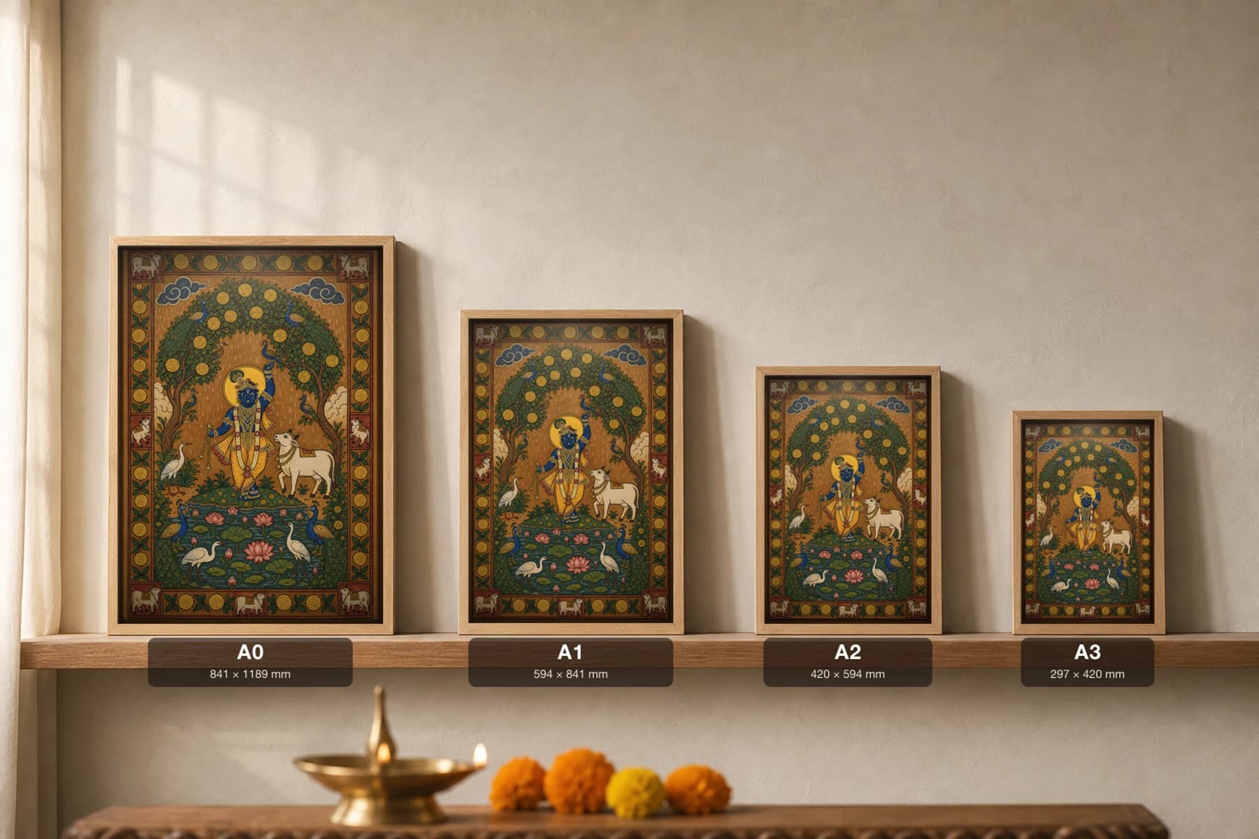 Varsha Ritu Pichwai-Style Print — Krishna in the Rain-Fed Monsoon Grove · collector A2 · Nathdwara, Rajasthan cloth-painting tradition — print size guide showing the artwork at A0, A1, A2 and A3 in natural-oak frames at true relative scale