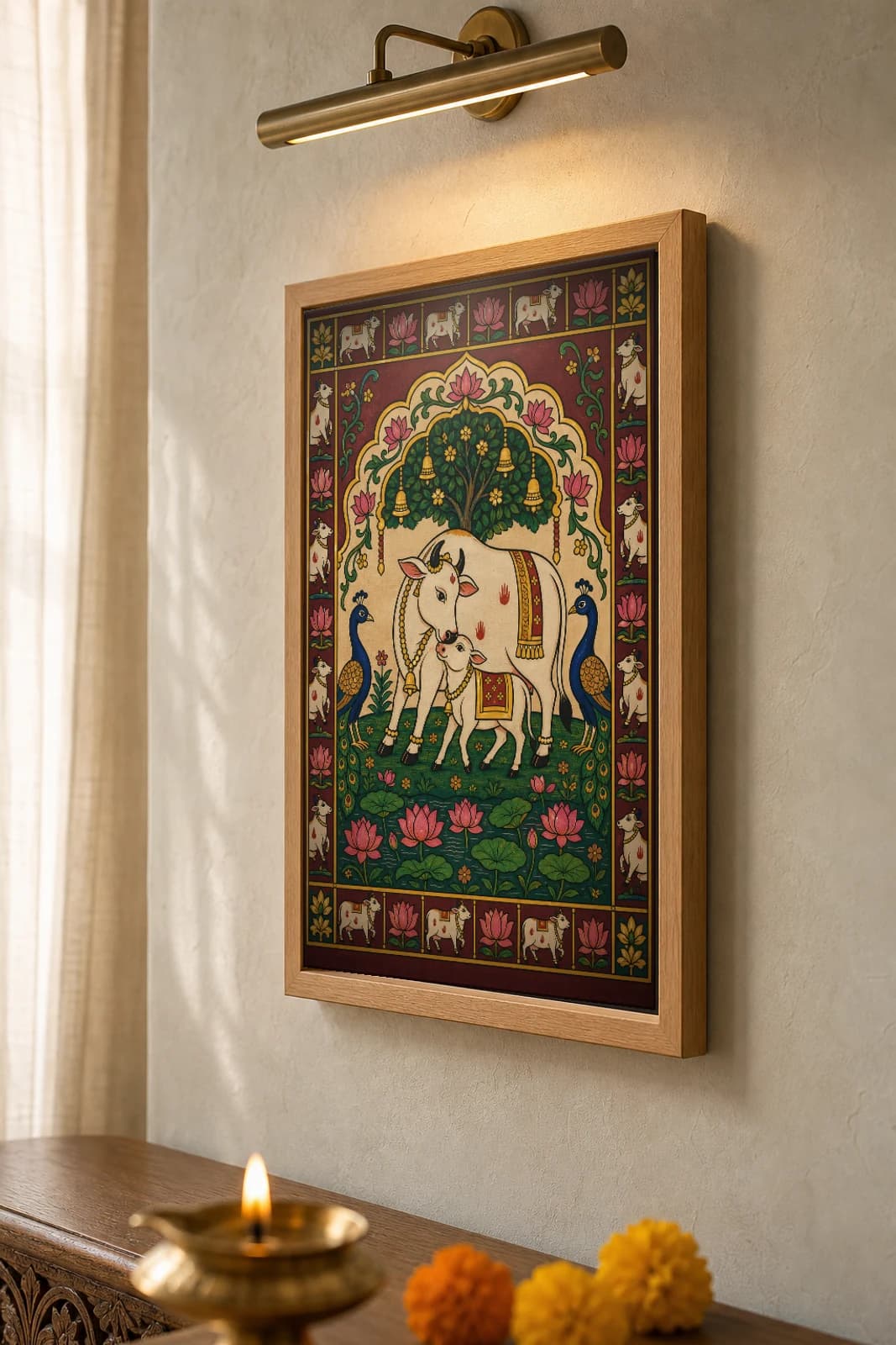 Vatsalya Pichwai-Style Print — A Cow Nuzzling Her Calf Under a Lotus Arch · collector A2 · Nathdwara, Rajasthan cloth-painting tradition — the framed print shown at a three-quarter angle on a styled gallery wall in a natural-oak frame