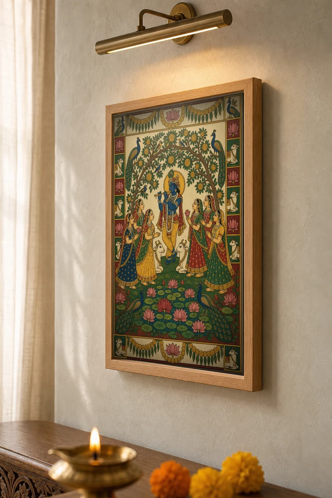Venu-Geet Pichwai-Style Print — Gopis Drawn by Krishna's Flute Under the Kadamba · collector A2 · Nathdwara, Rajasthan cloth-painting tradition — the framed print shown at a three-quarter angle on a styled gallery wall in a natural-oak frame