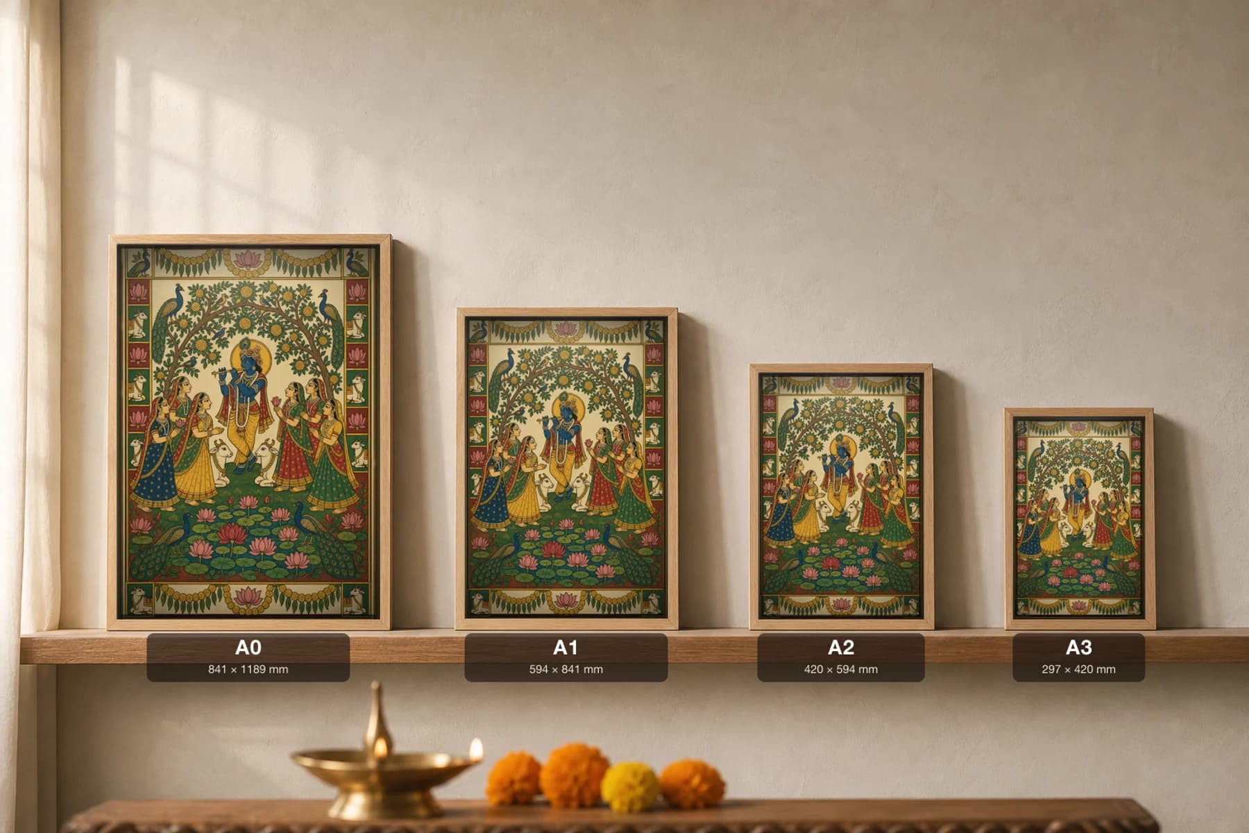 Venu-Geet Pichwai-Style Print — Gopis Drawn by Krishna's Flute Under the Kadamba · collector A2 · Nathdwara, Rajasthan cloth-painting tradition — print size guide showing the artwork at A0, A1, A2 and A3 in natural-oak frames at true relative scale