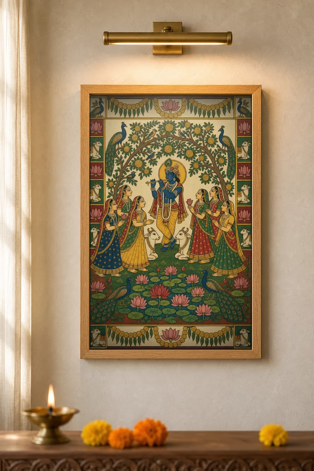Venu-Geet Flute Grove — framed museum print, Pichwai