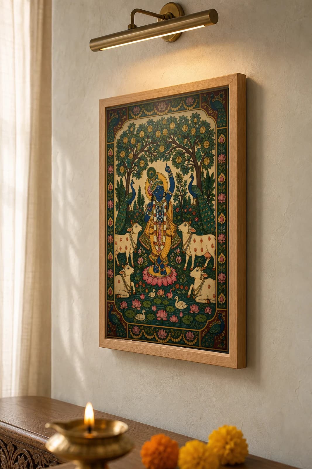 Vrindavan Vana Pichwai-Style Print — Krishna in the Sacred Vrindavan Grove · collector A2 · Nathdwara, Rajasthan cloth-painting tradition — the framed print shown at a three-quarter angle on a styled gallery wall in a natural-oak frame