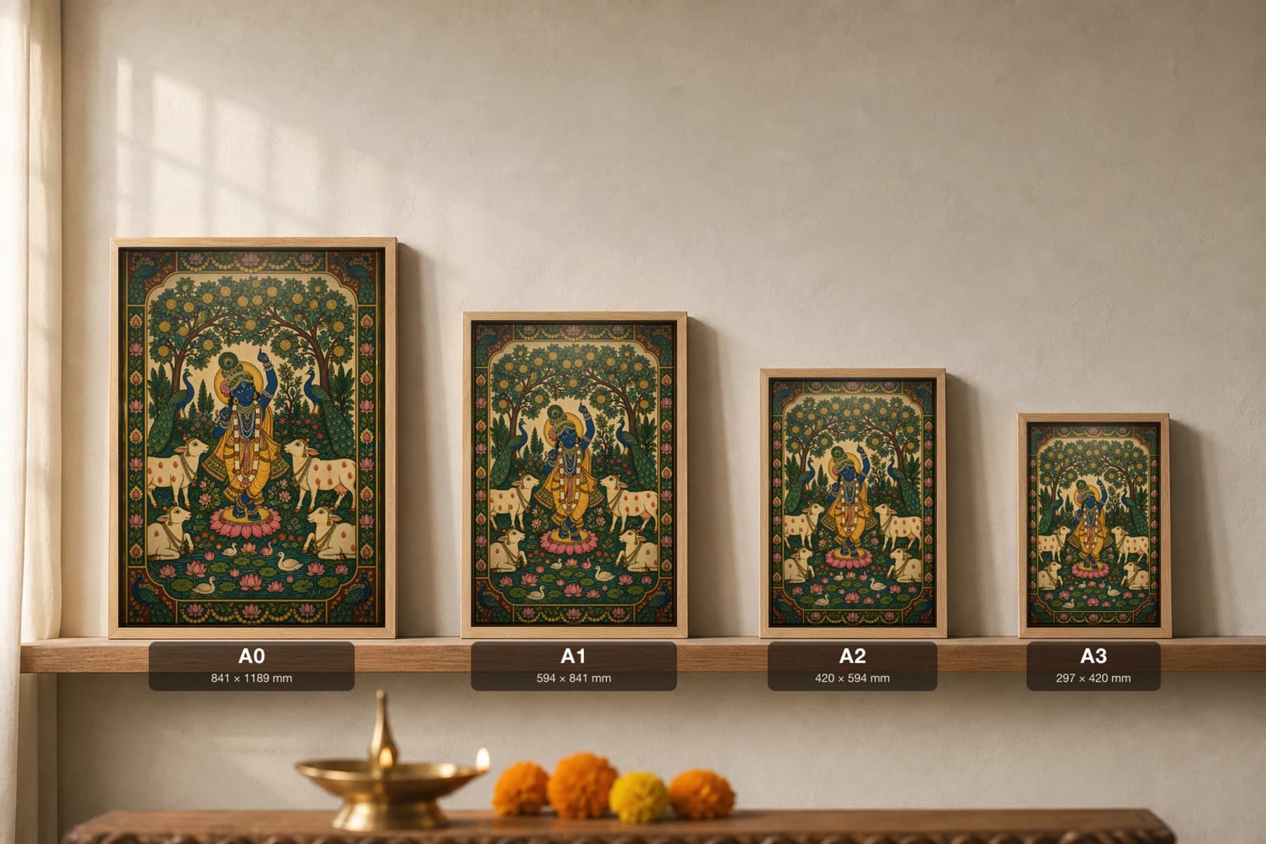 Vrindavan Vana Pichwai-Style Print — Krishna in the Sacred Vrindavan Grove · collector A2 · Nathdwara, Rajasthan cloth-painting tradition — print size guide showing the artwork at A0, A1, A2 and A3 in natural-oak frames at true relative scale