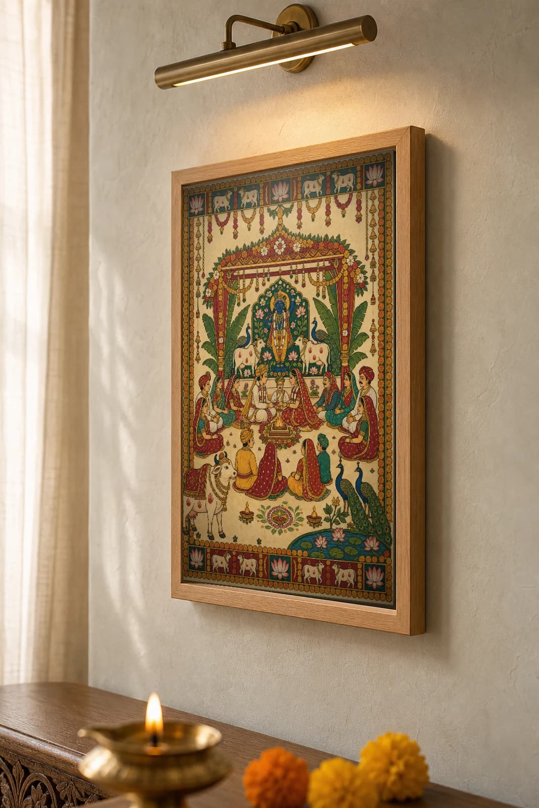 Vivaah Mandap Pichwai-Style Print — A Wedding Blessed with Krishna and the Sacred Cow · collector A2 · contemporary × Nathdwara Pichwai fusion — the framed print shown at a three-quarter angle on a styled gallery wall in a natural-oak frame